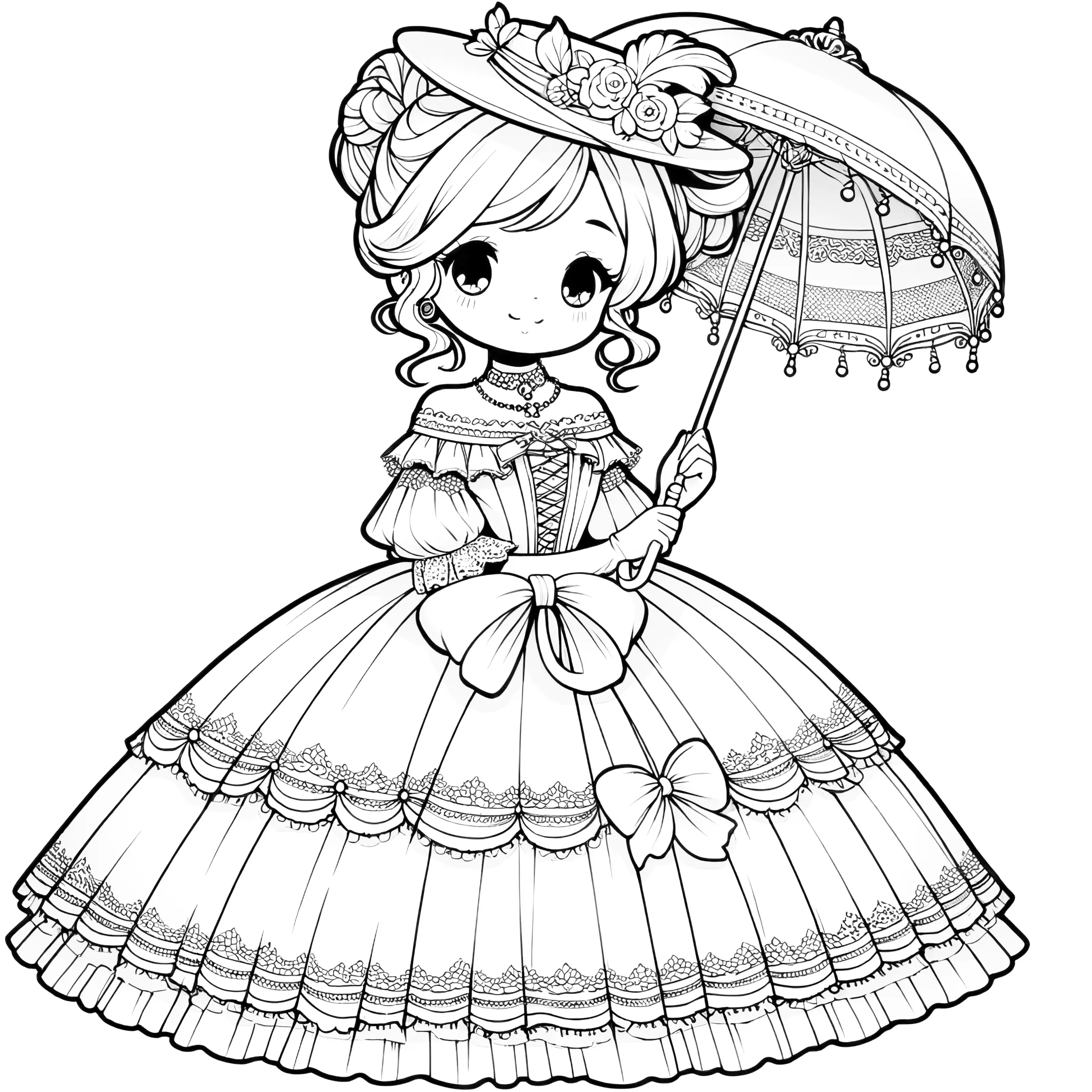 Prinzessin im zauberhaften Kleid mit Sonnenschirm (Kostenlos) (Ausmalbild)