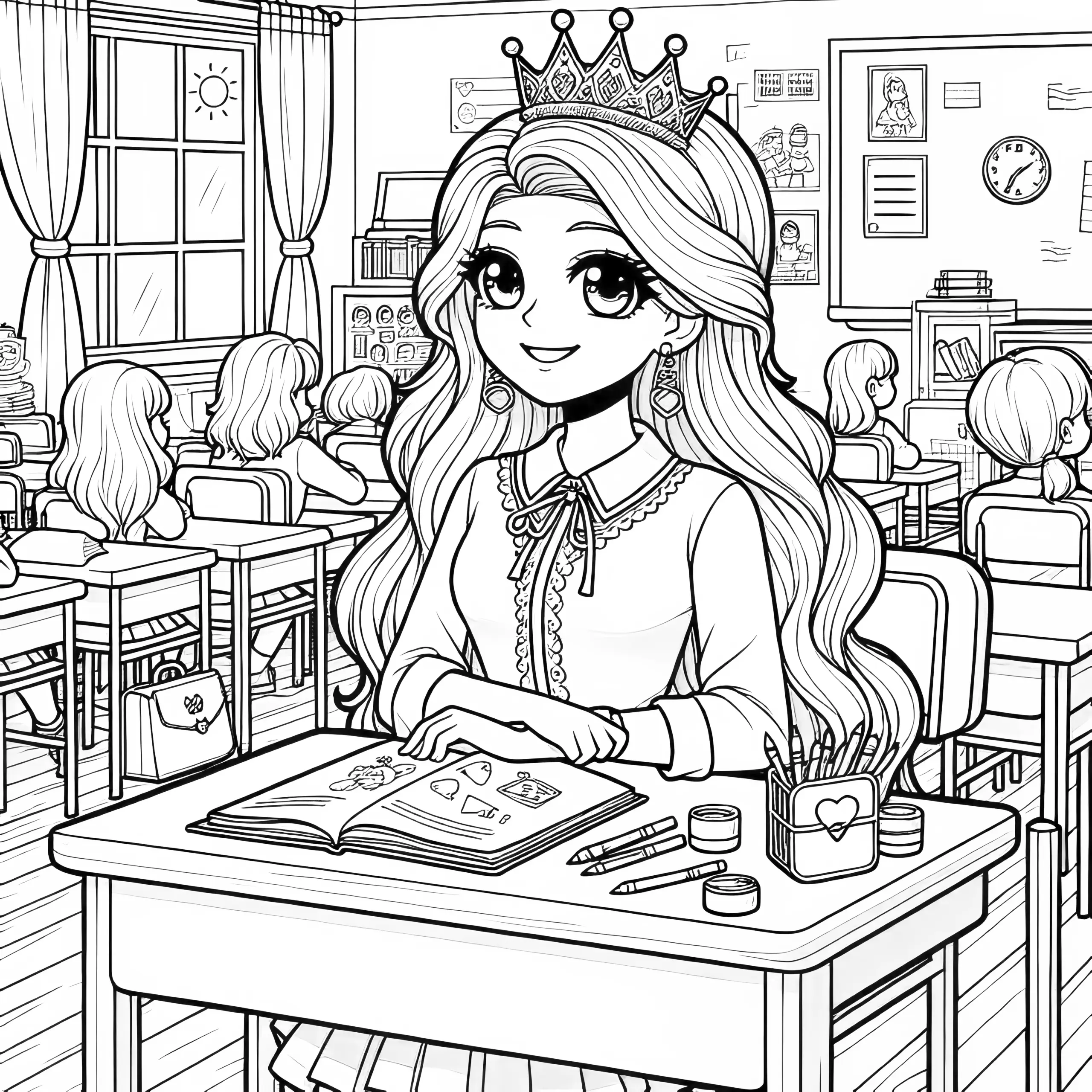 Kostenlose Malvorlage: Lächelnde Prinzessin am Tisch in der Schule (Ausmalbild)