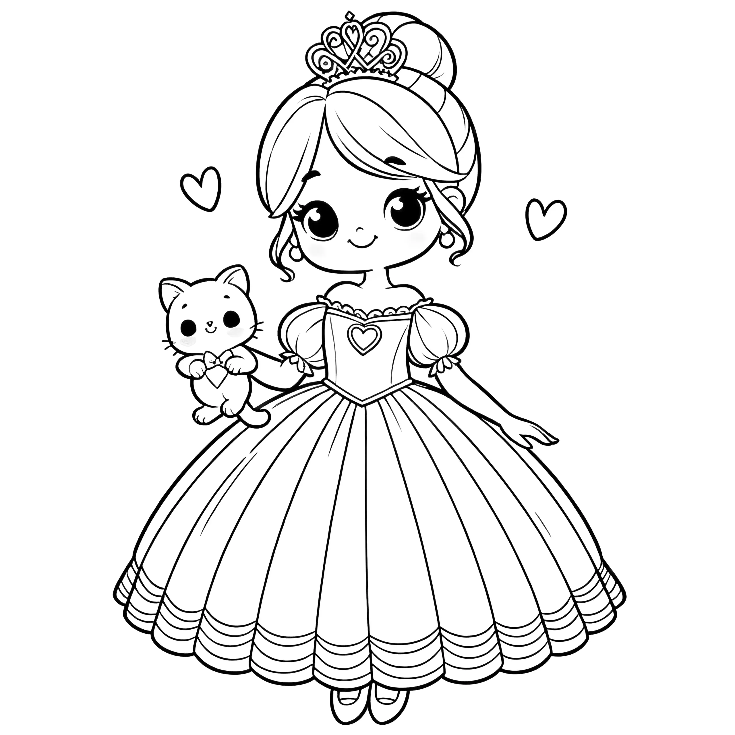 Einfaches Bild zum ausmalen: Verspielte Prinzessin mit Kätzchen (Ausmalbild)