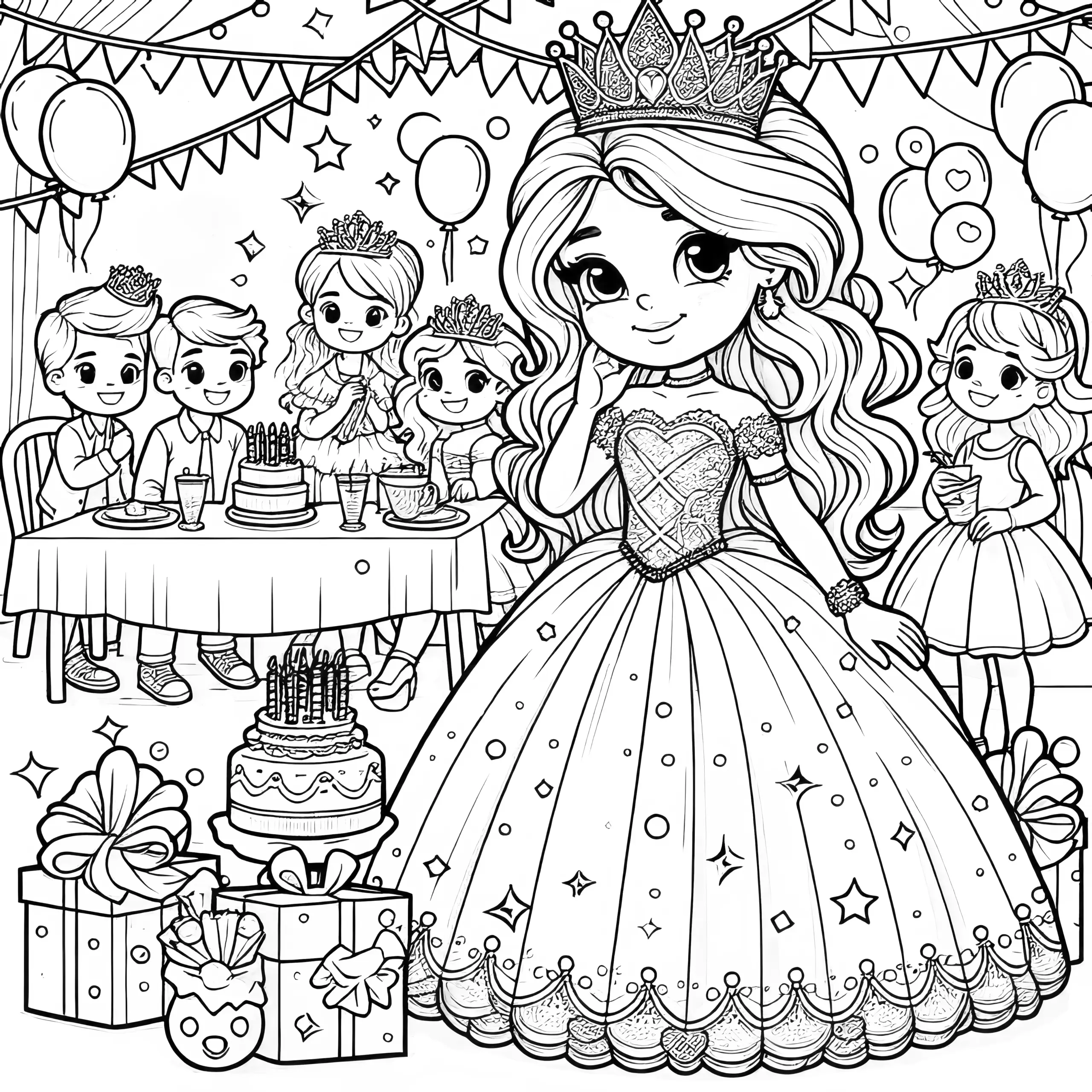 Prinzessin bei einer Kindergeburtstagsfeier mit Geschenken (Ausmalbild gratis)