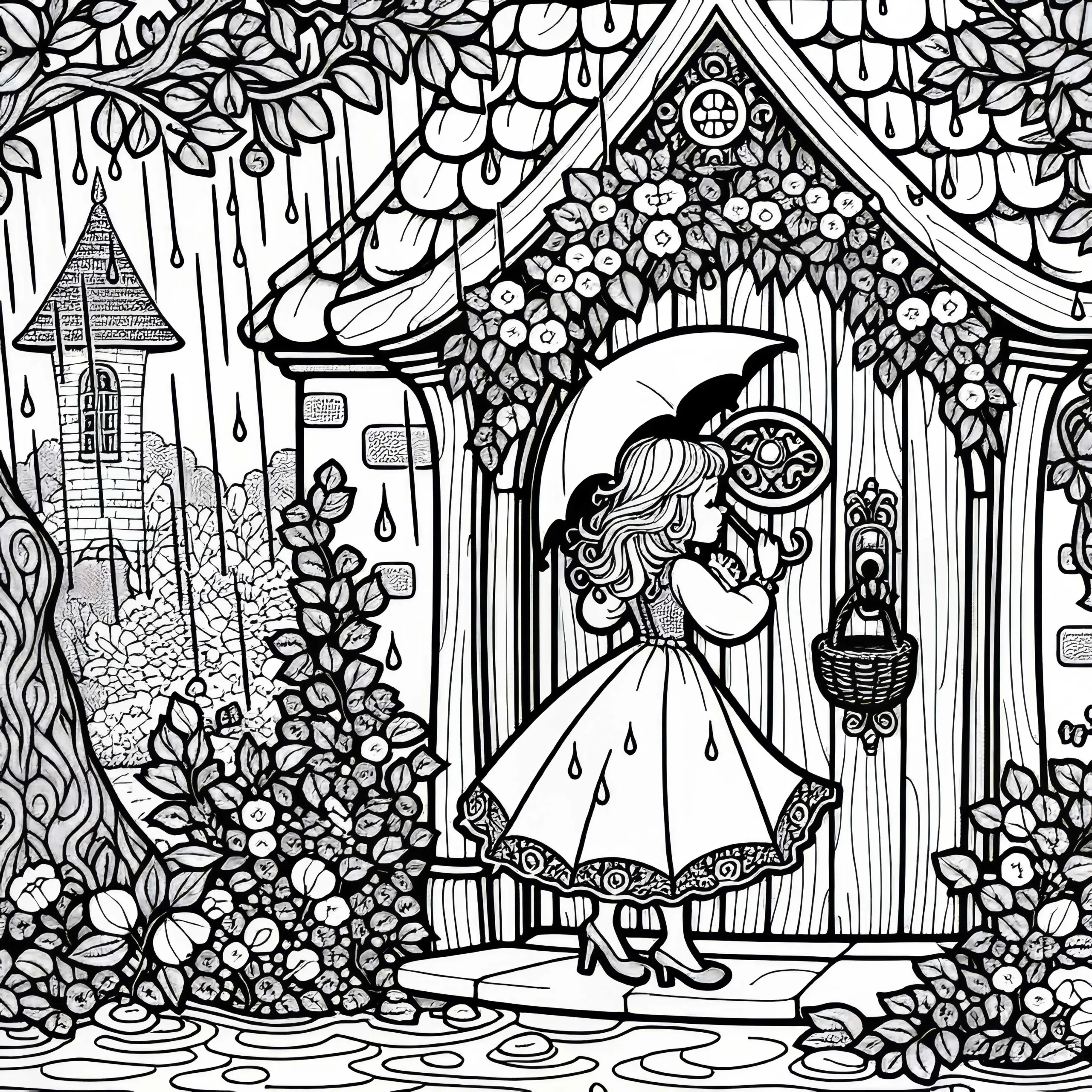 Prinzessin klopft bei Regen an die Tür des Schlosses – Ausmalbild Prinzessin auf der Erbse