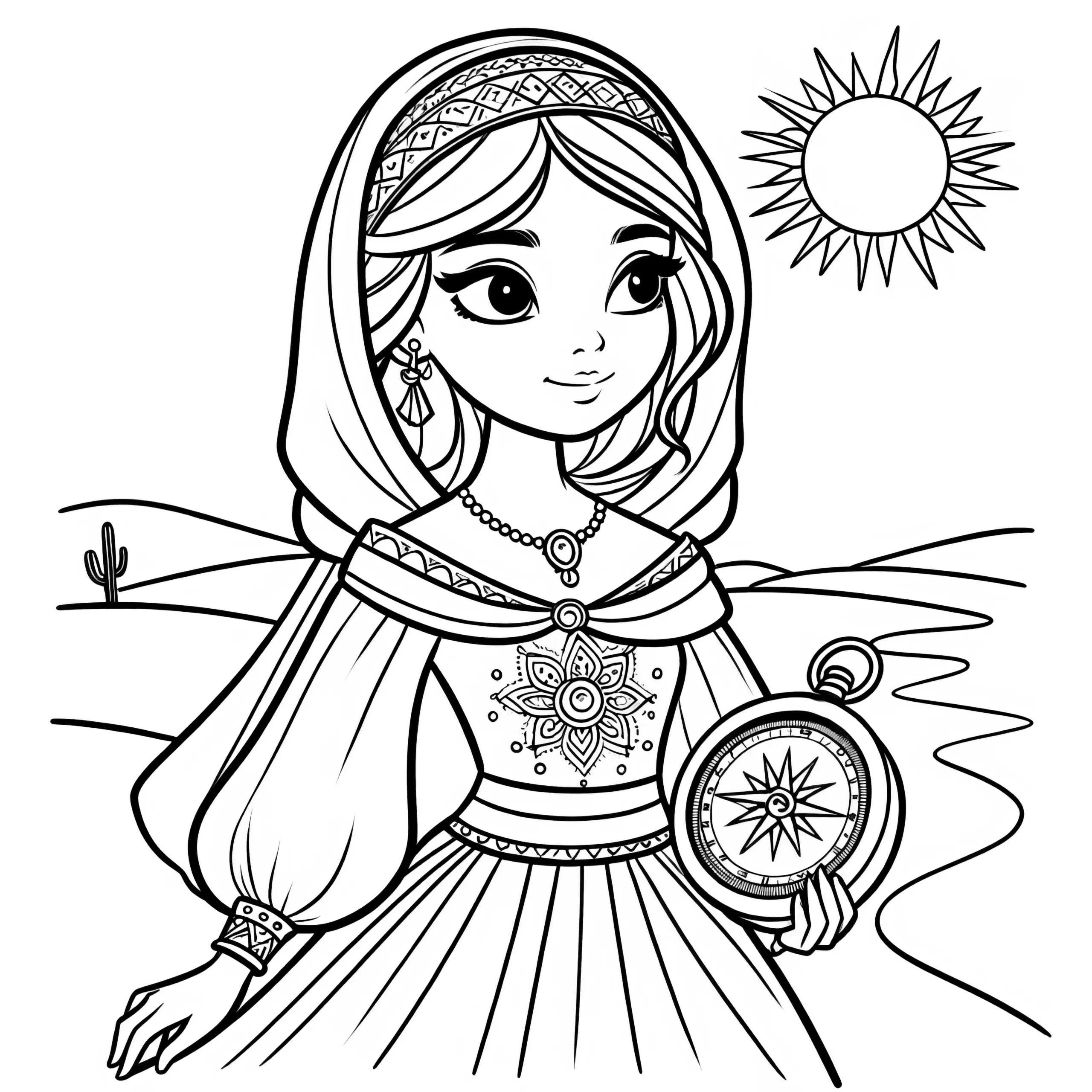 Prinzessin mit Kompass in der Wüste vor Sonne: Bild zum Ausmalen (Gratis) (Ausmalbild)