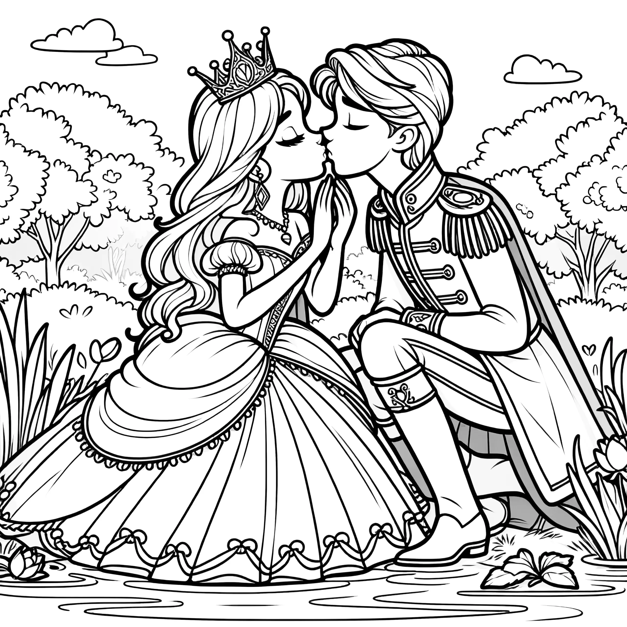 Prinzessin küsst Prinz am See: Kostenlose Malvorlage (Ausmalbild)