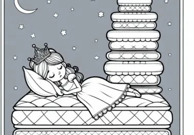Ausmalbild von der Prinzessin, die auf dem Bett der Erbse liegt