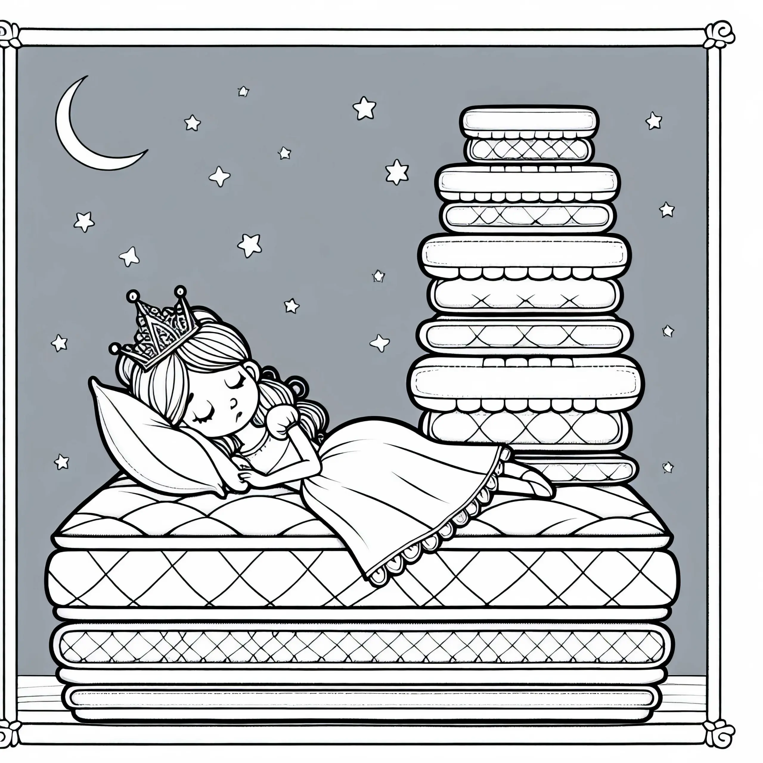 Ausmalbild von der Prinzessin, die auf dem Bett der Erbse liegt