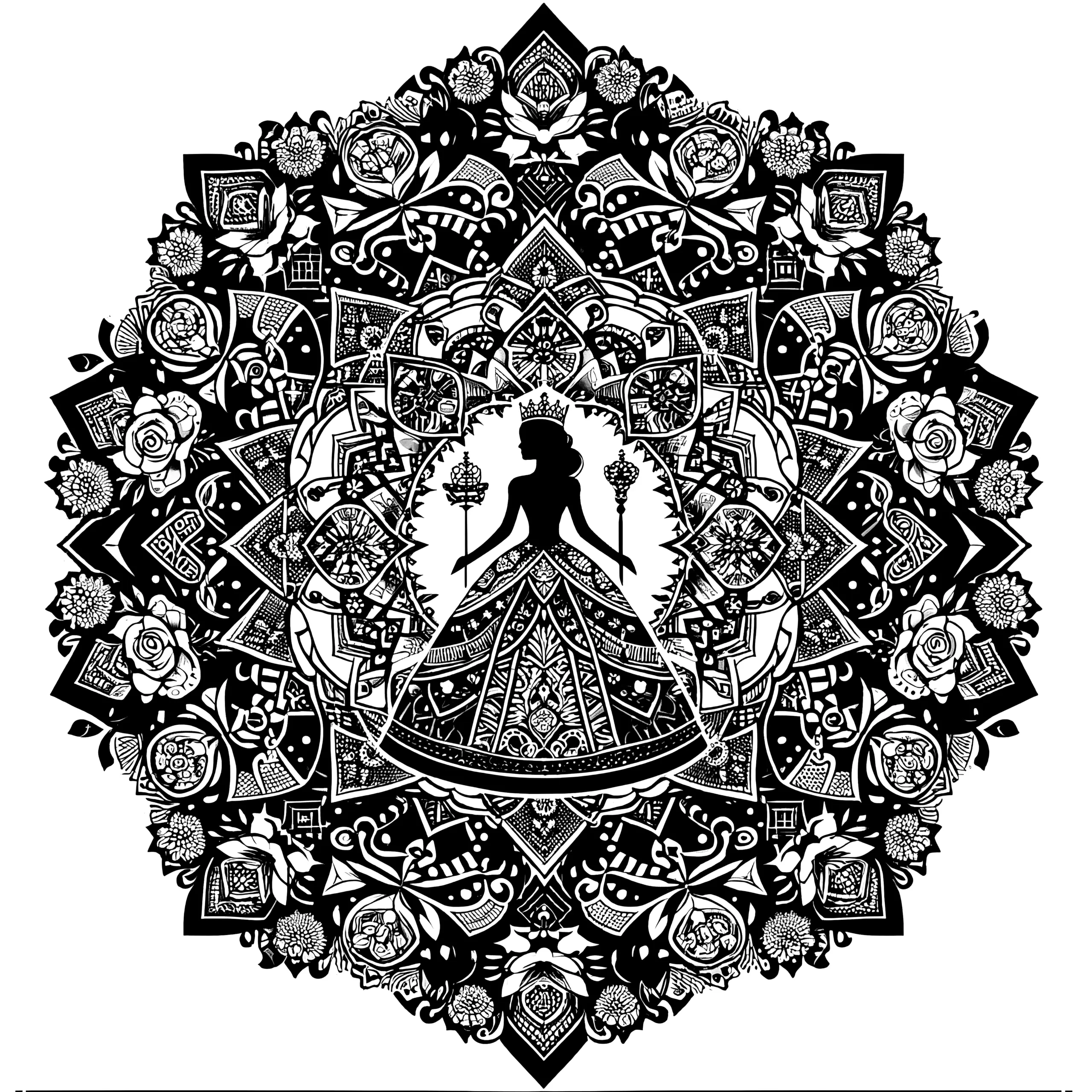Mystisches Prinzessin-Mandala komplex: Für Erwachsene zum Ausmalen (Gratis) (Ausmalbild)