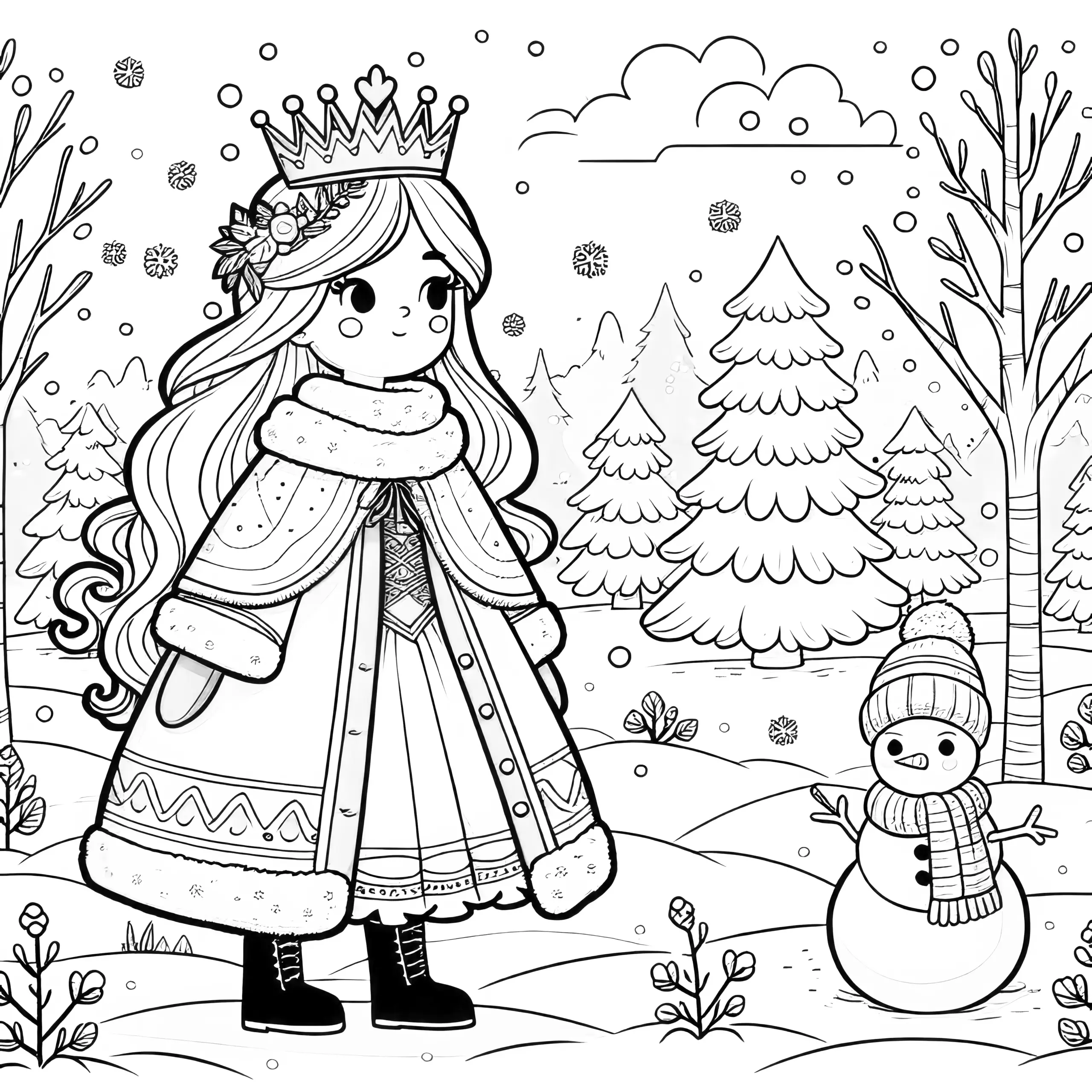 Prinzessin im Wintermantel in Winterlandschaft: Bild zum Ausmalen (Gratis) (Ausmalbild)