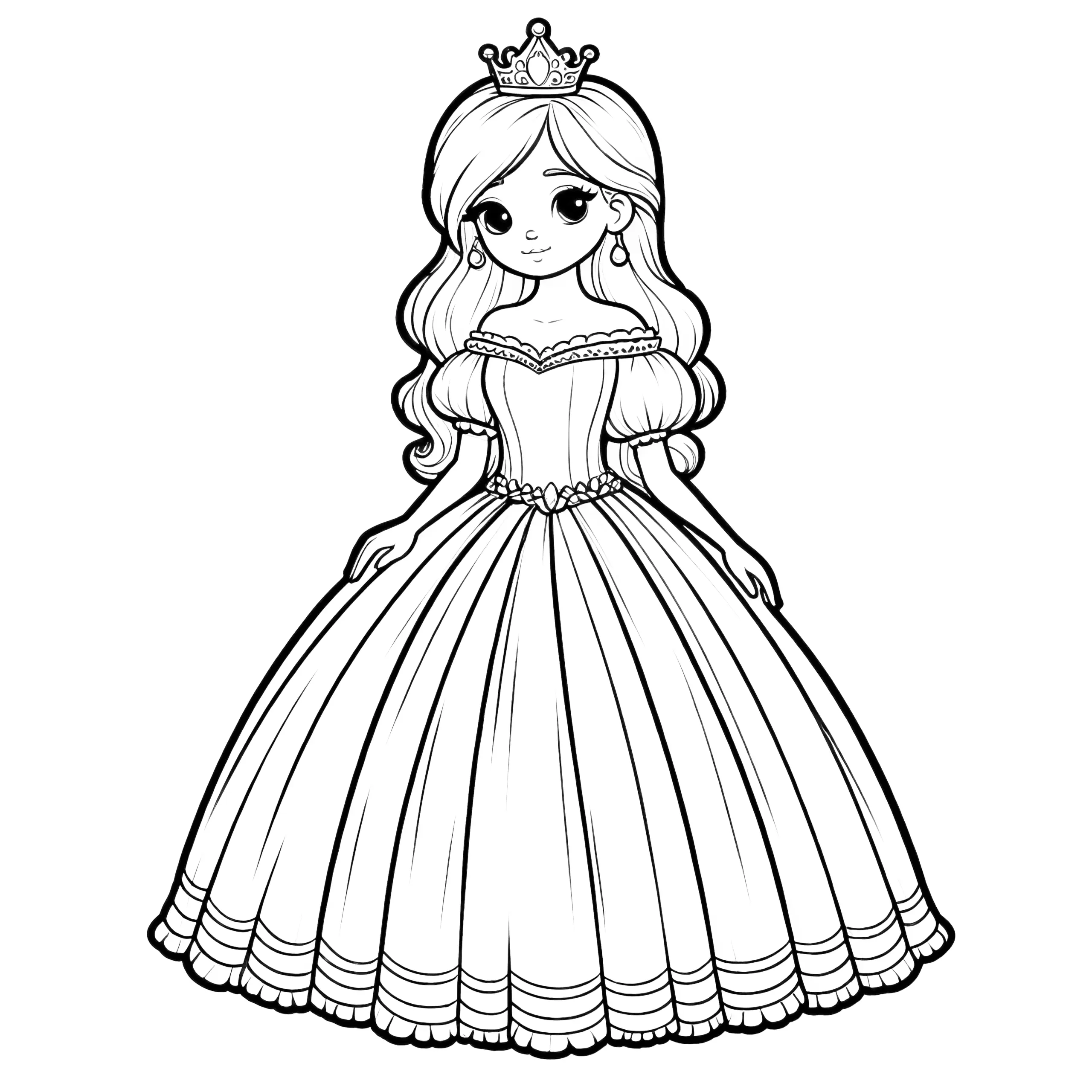Prinzessin mit Krone und Kleid einfach: Zum Download (Ausmalbild)