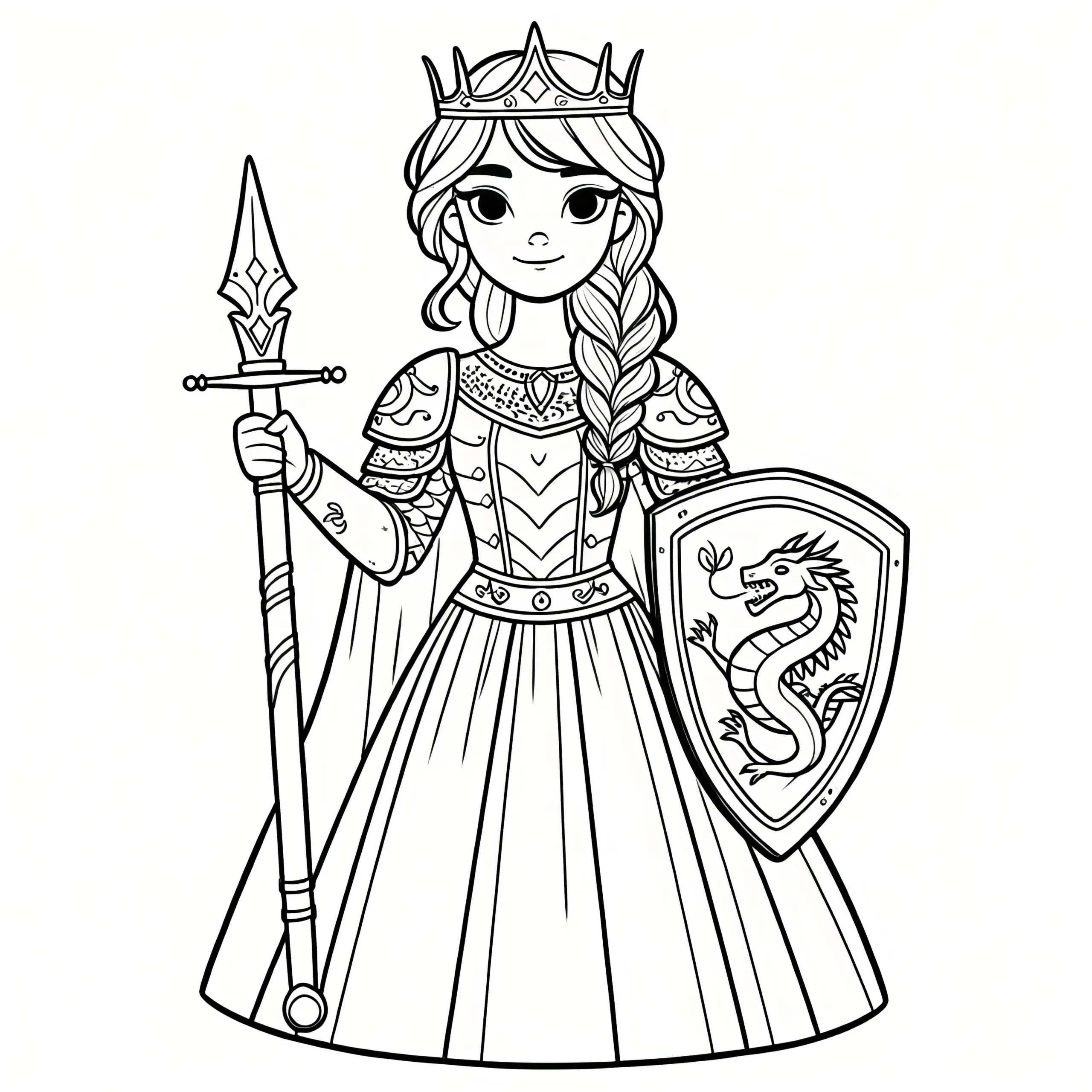Prinzessin mit Schutzschild und Speer zum Ausmalen (Ausmalbild)