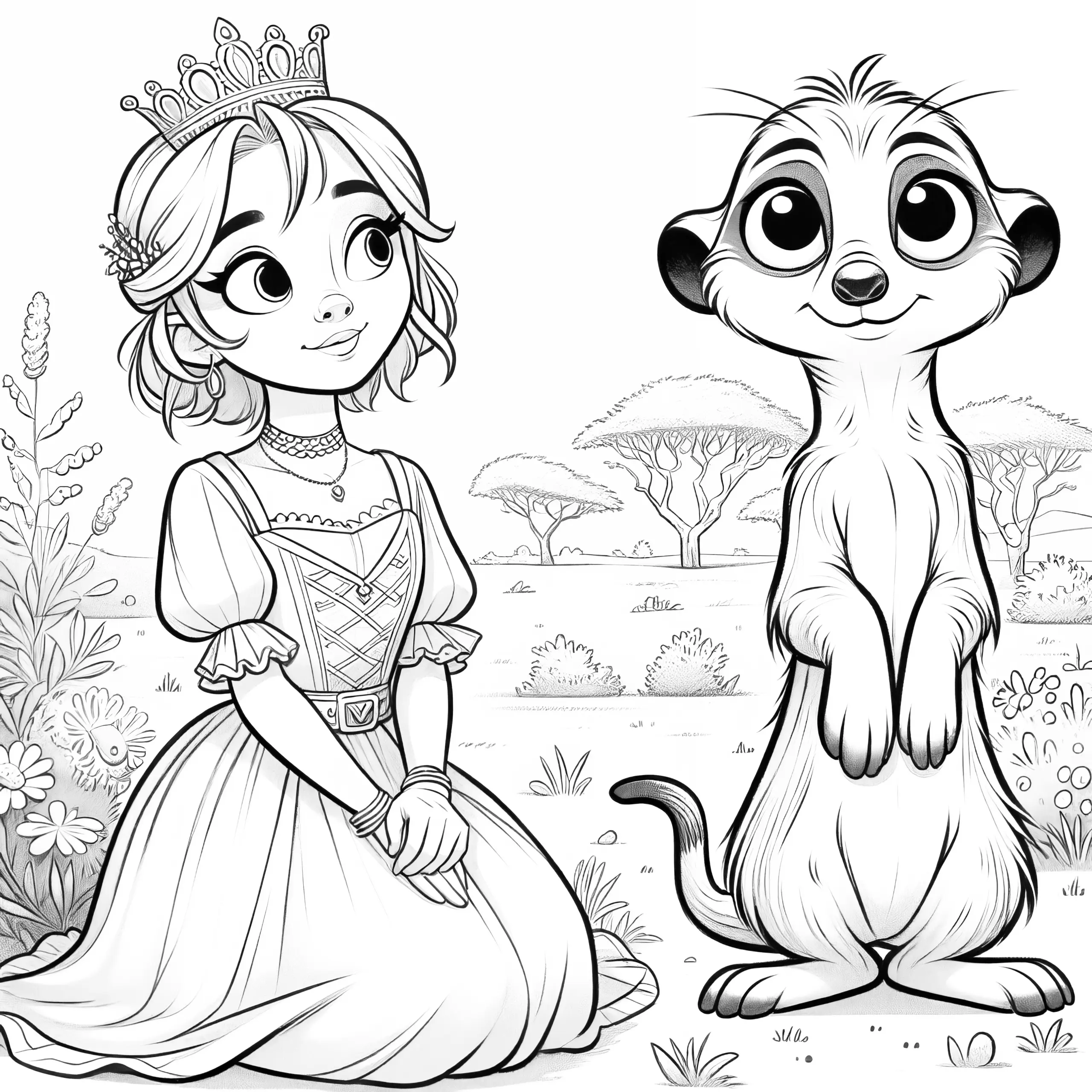 Prinzessin mit niedlichem Erdmännchen in der Savanne (Zum Download) (Ausmalbild)
