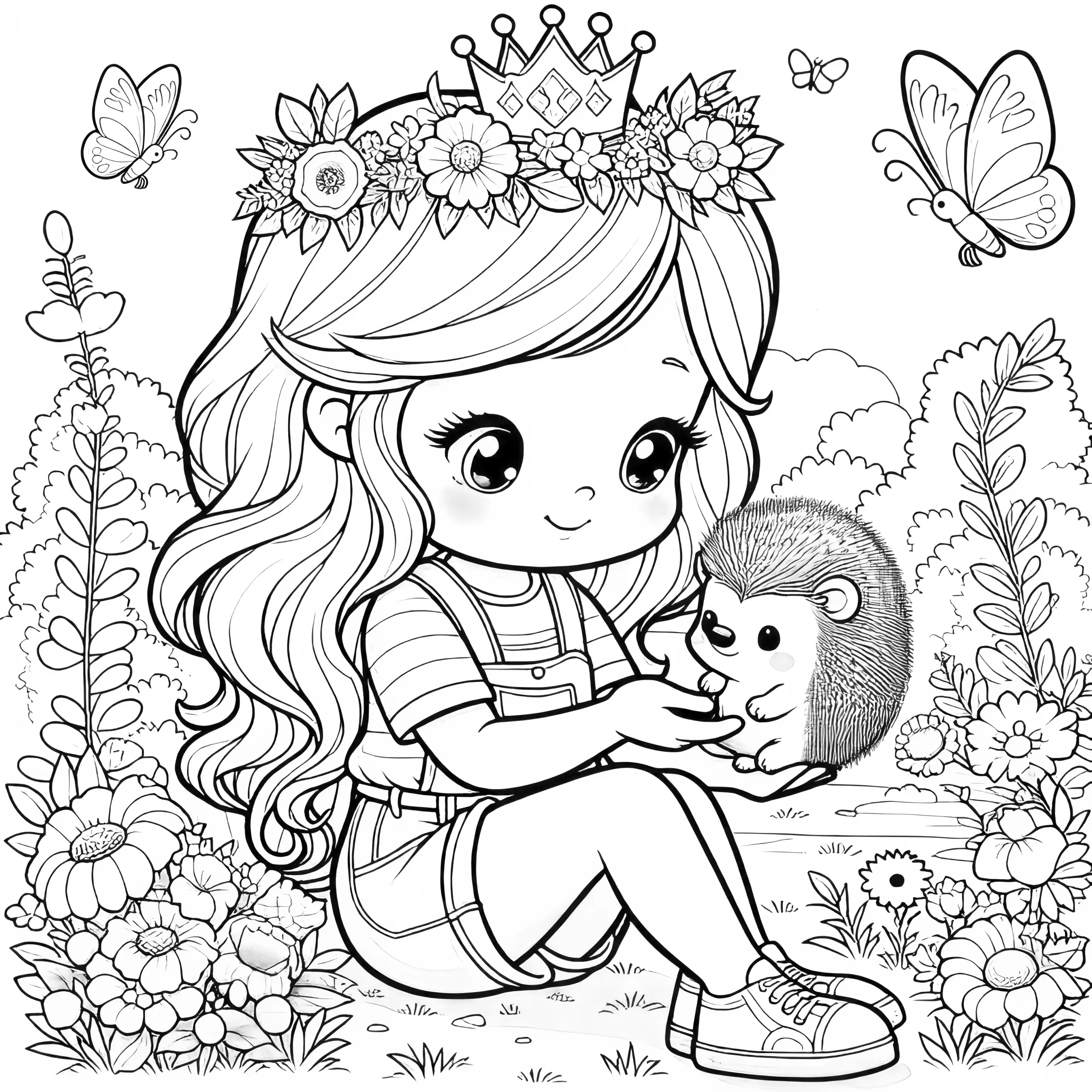Prinzessin mit niedlichem Igel und Schmetterlinge in der Natur (Ausmalbild)