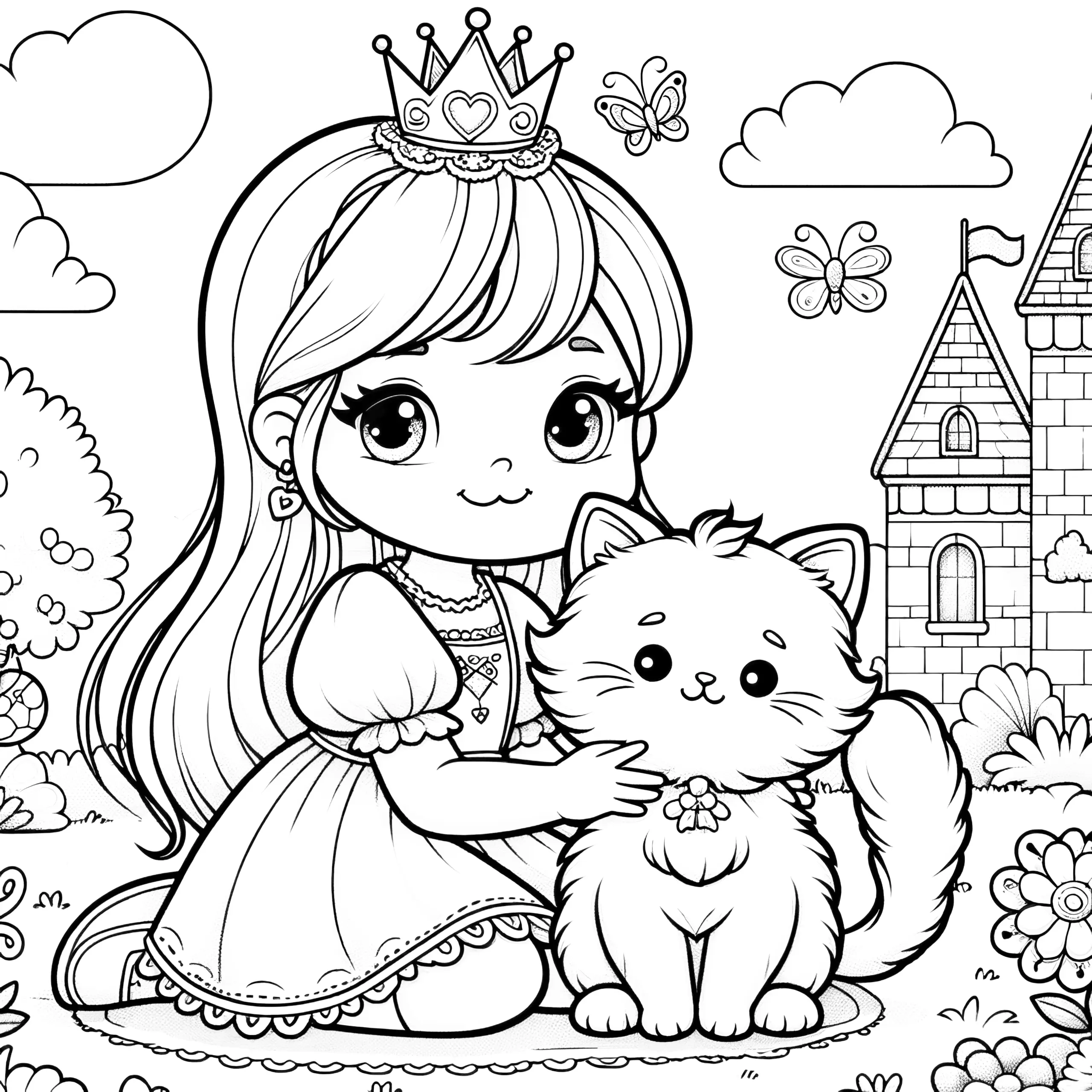 Prinzessin mit niedlicher Katze vor dem Schloss: Kostenloses Malvorlage (Ausmalbild)