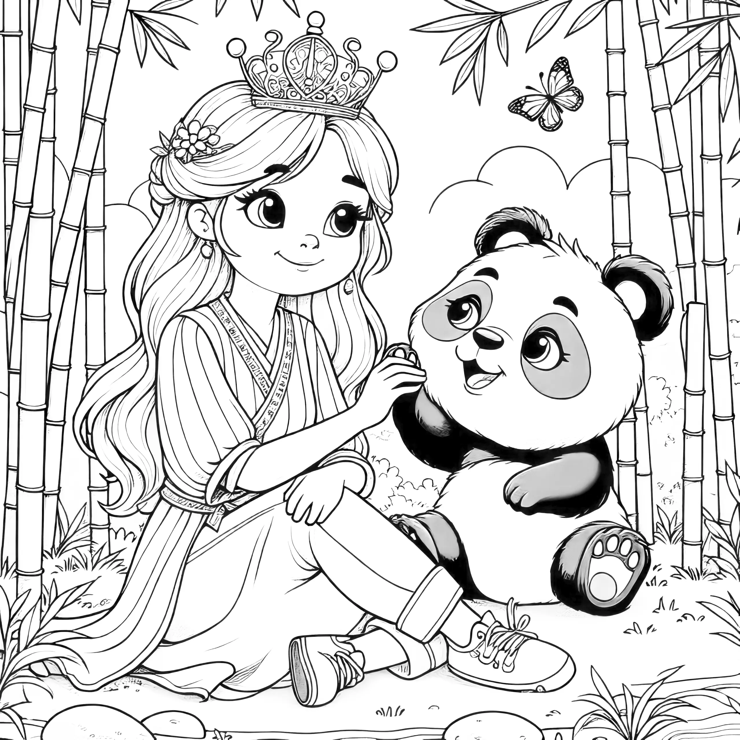 Jetzt ausdrucken und ausmalen: Prinzessin mit flauschigem Panda im Dschungel (Ausmalbild)
