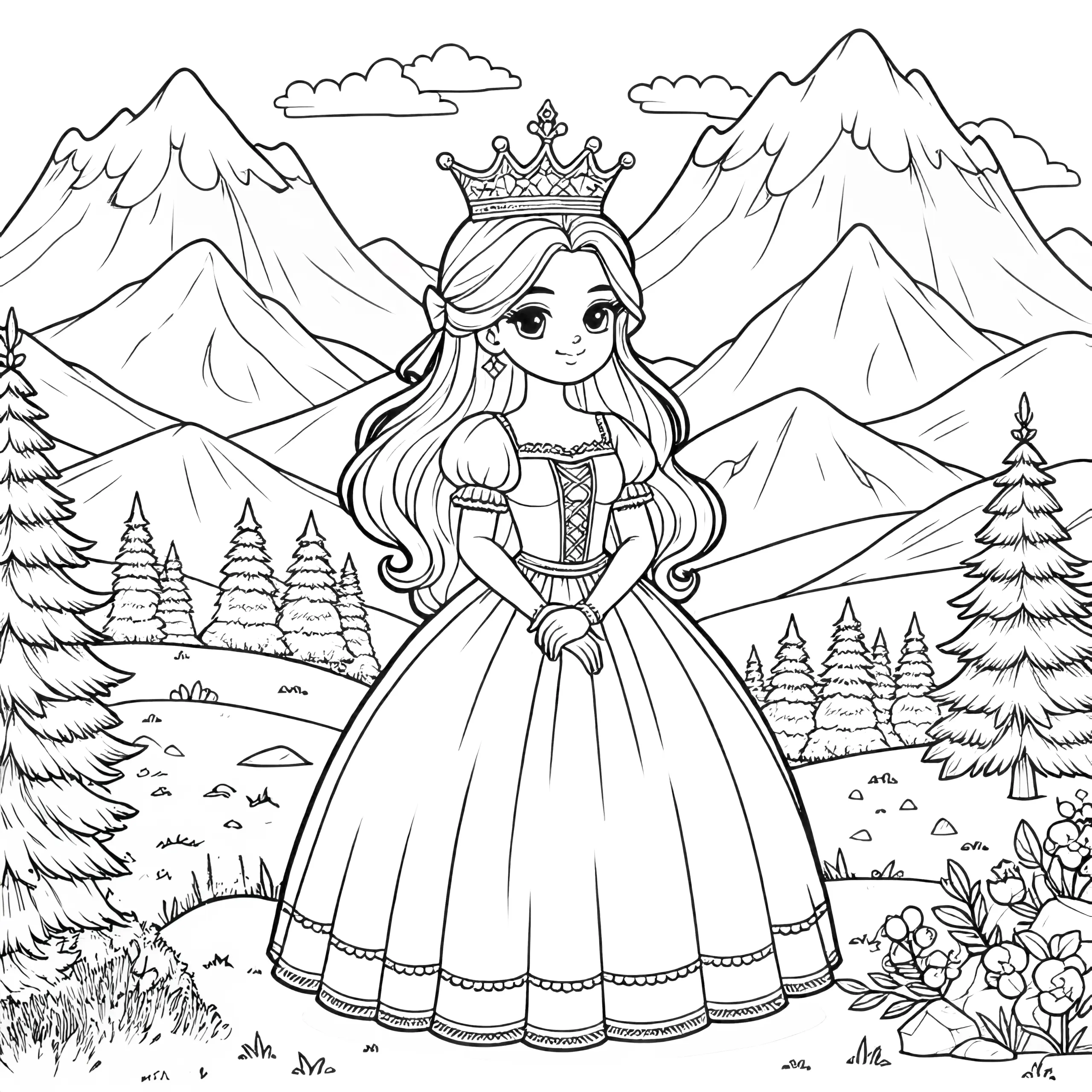 Prinzessin mit prächtigem Kleid vor majestätischen Bergen: Ausmalbild zum Ausdrucken (Gratis)
