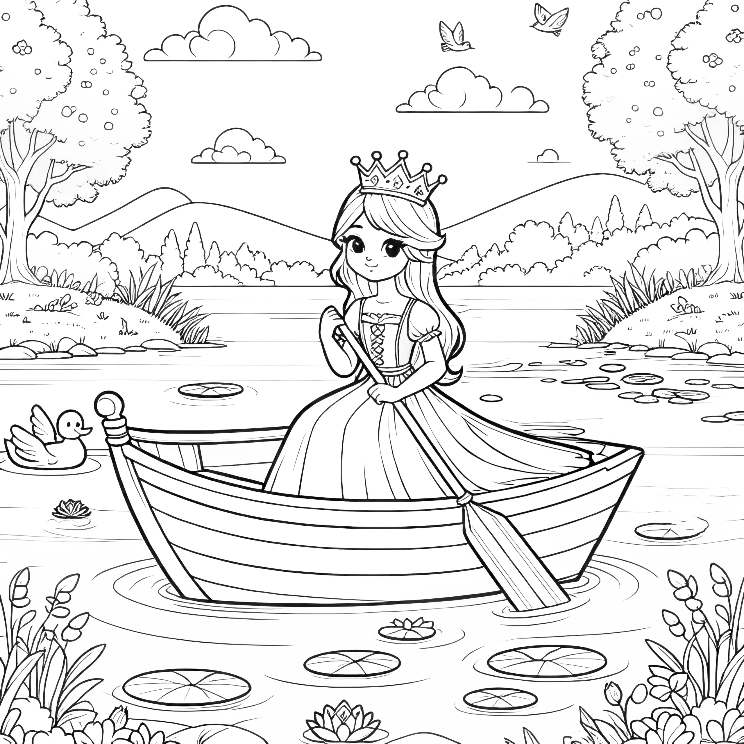 Prinzessin im Ruderboot in märchenhafter Landschaft (Gratis) (Ausmalbild)