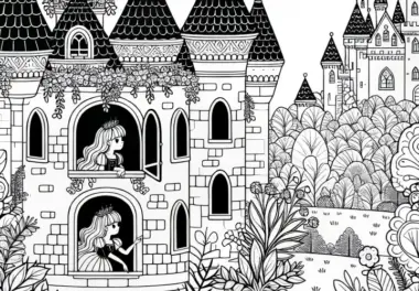 Prinzessin schaut aus dem Fenster eines Märchenschlosses – Ausmalbild gratis
