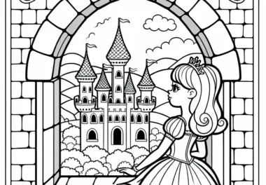 Prinzessin schaut aus Turmfenster einer Burg – Ausmalbild gratis