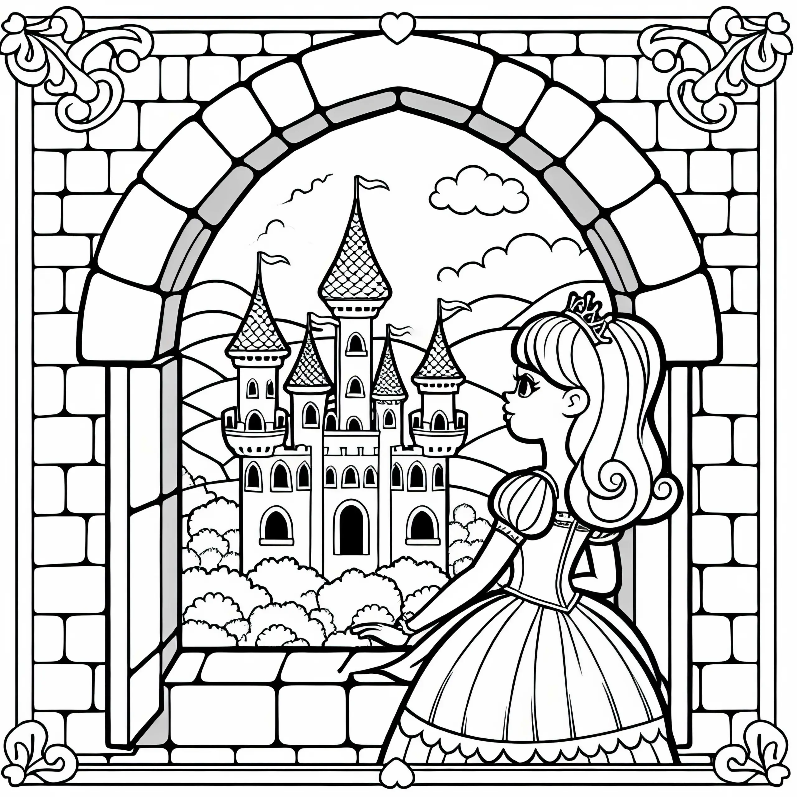 Prinzessin schaut aus Turmfenster einer Burg – Ausmalbild gratis