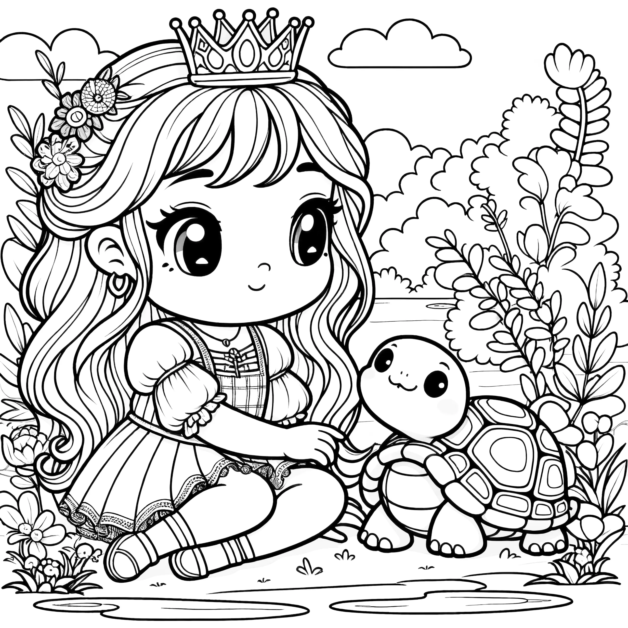 Goldige Prinzessin mit niedlicher Schildkröte in malerischer Landschaft (Ausmalbild)