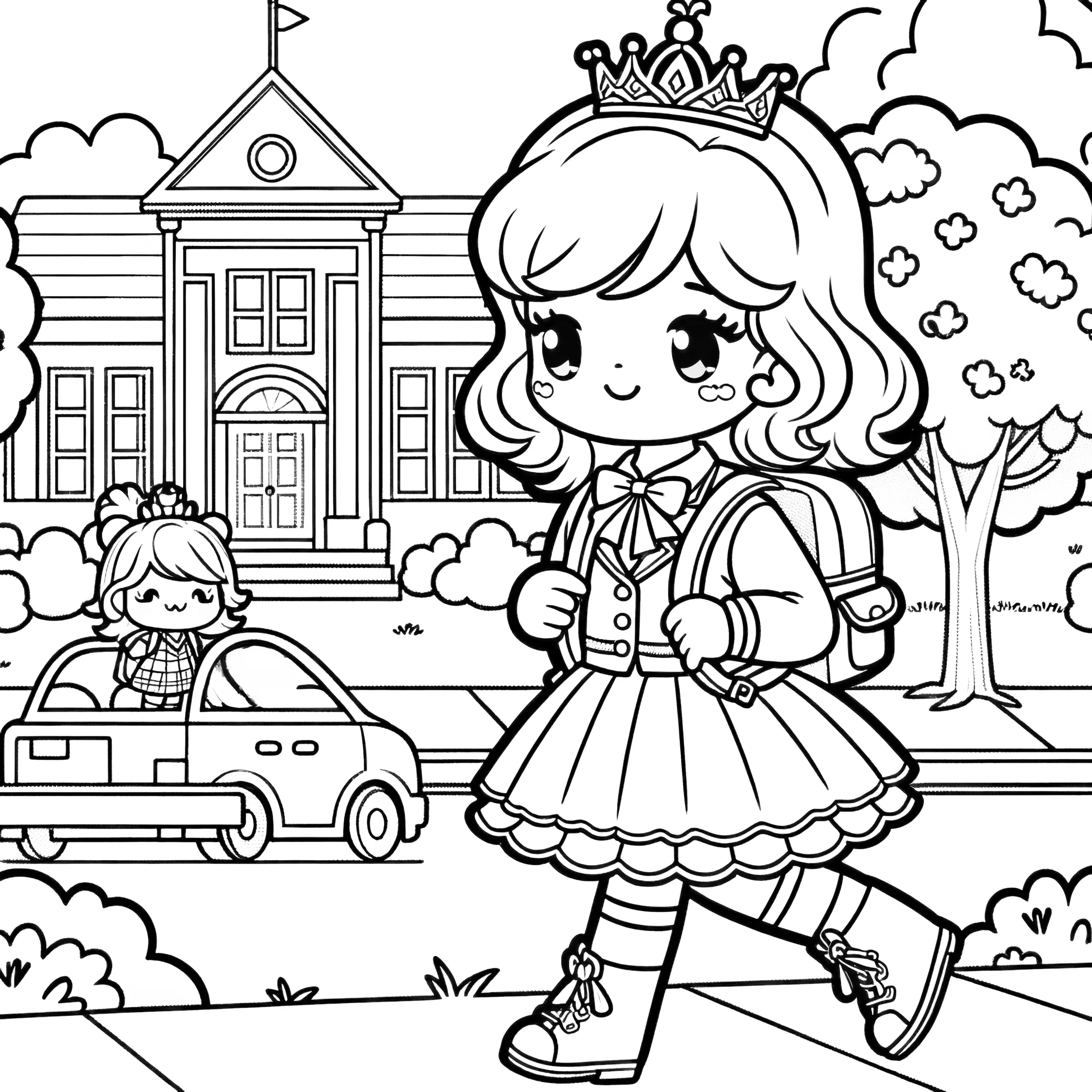 Prinzessin auf dem Weg zur Schule: Einfache Malvorlage (Kostenlos) (Ausmalbild)