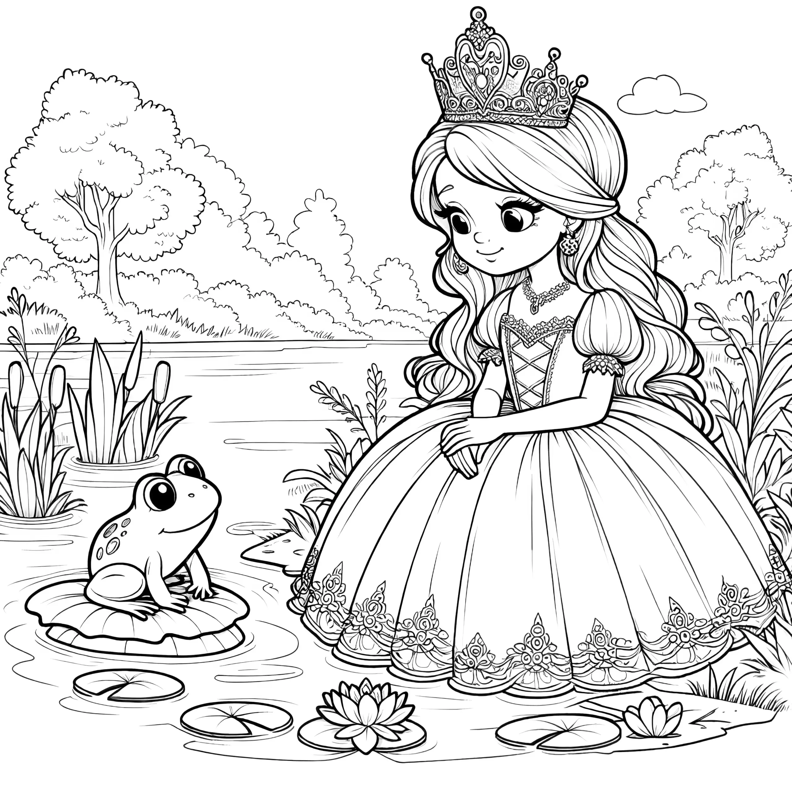Magisches Ausmalbild: Prinzessin und Froschkönig am Zauberteich (Gratis)