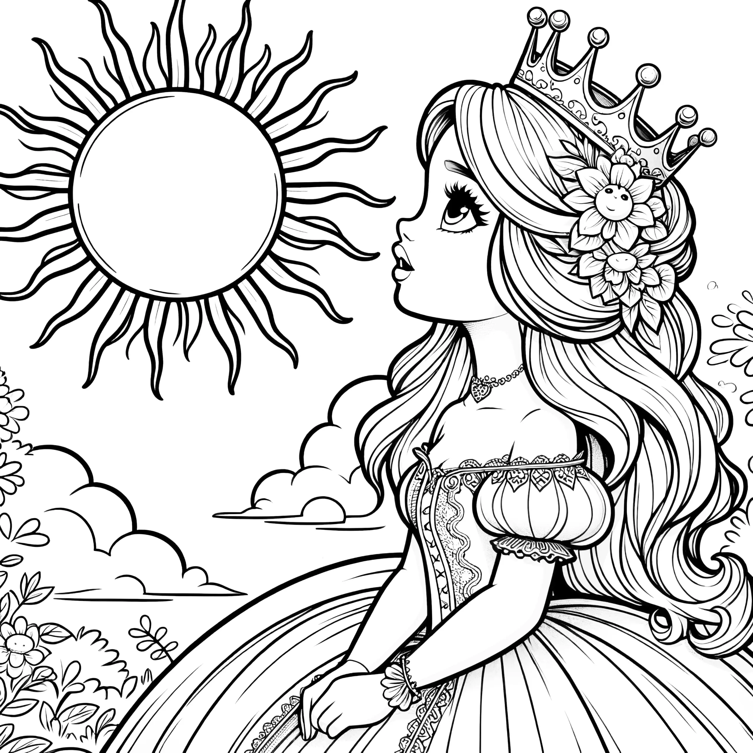 Malvorlage einfach: Hübsche Prinzessin mit strahlender Sonne (Kostenlos) (Ausmalbild)