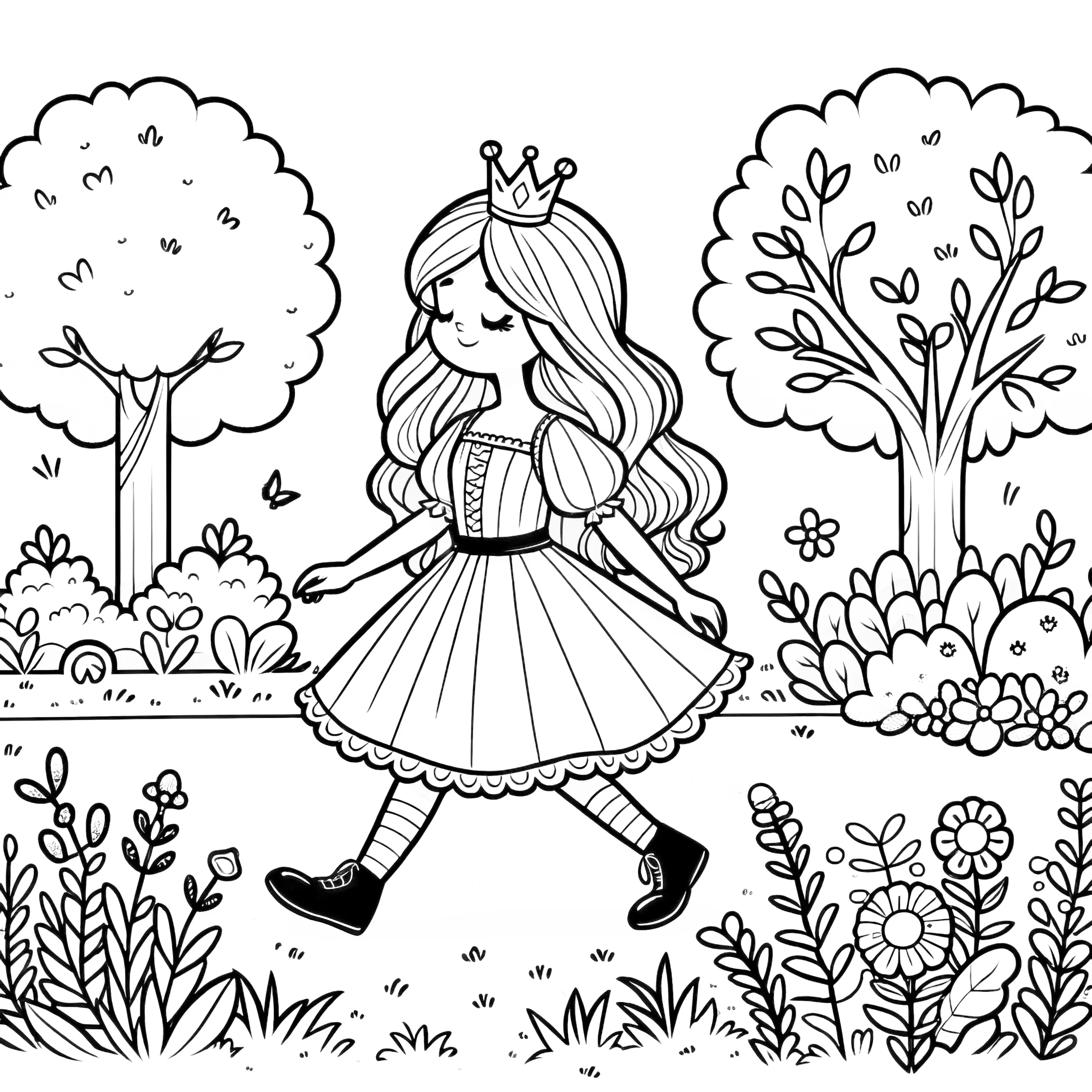 Prinzessin spaziert mit Leichtigkeit durch Park: Ausmalbild kostenlos