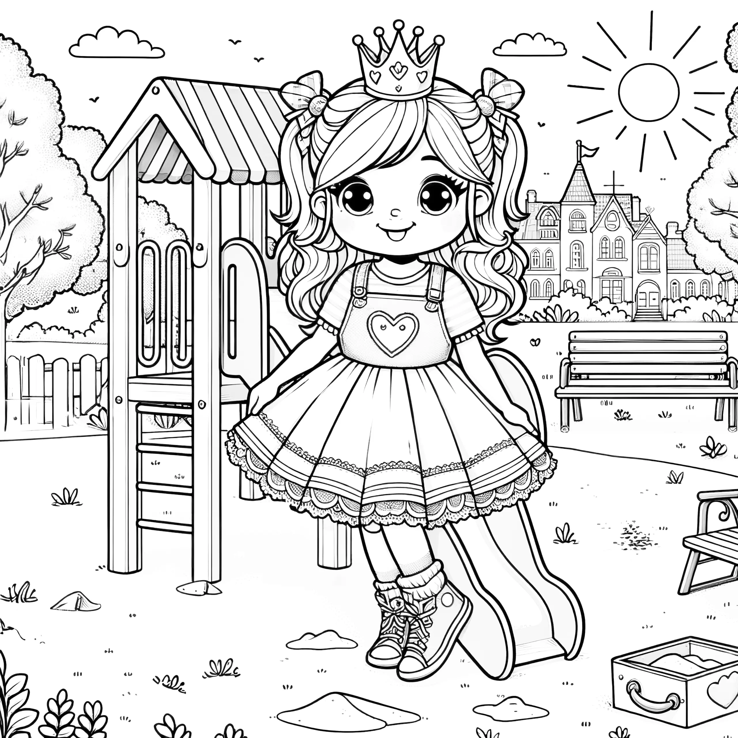 Kleine Prinzessin auf dem Spielplatz – Ausmalbild kostenlos