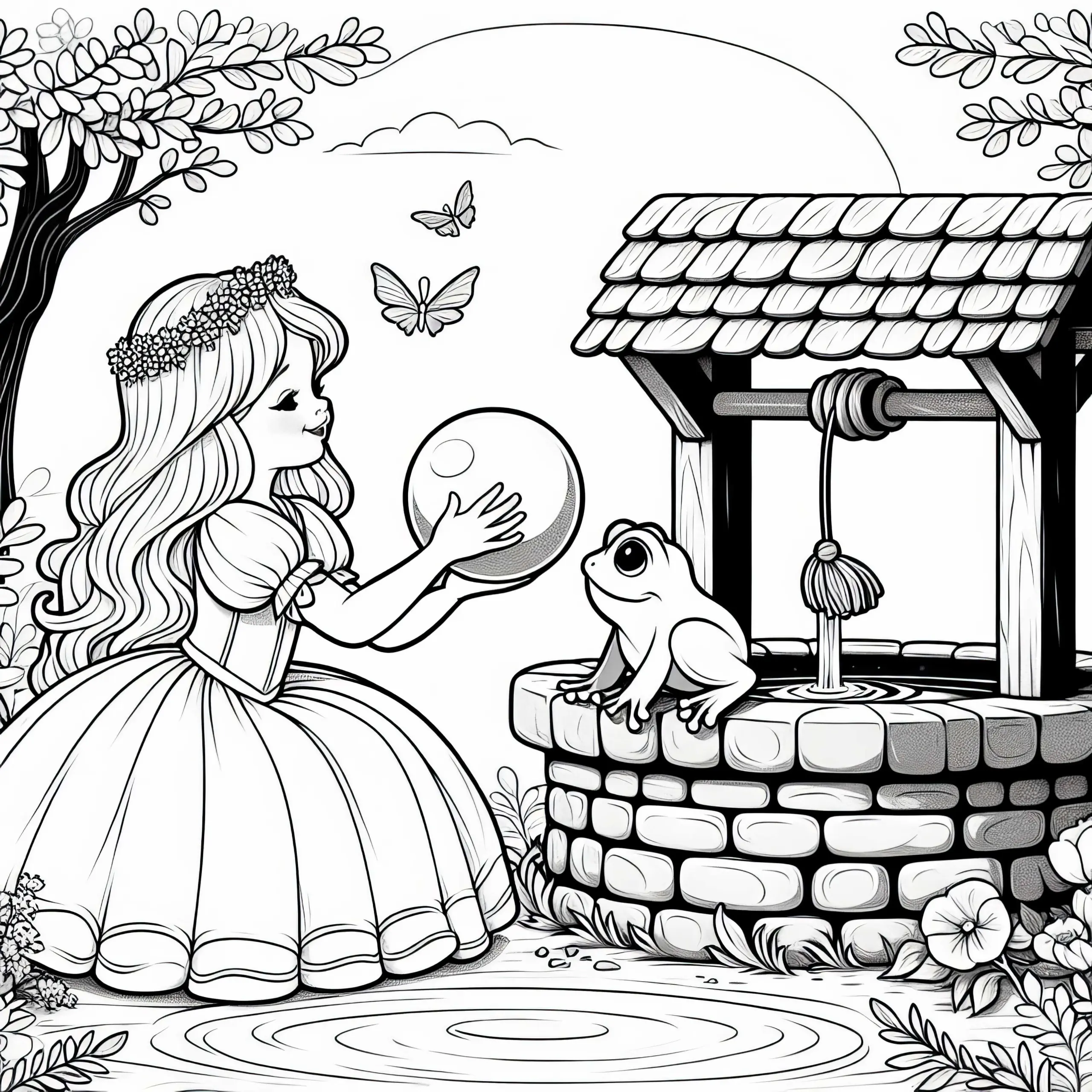 Prinzessin spielt mit goldener Kugel am Brunnen – Malvorlage Froschkönig kostenlos (Ausmalbild)