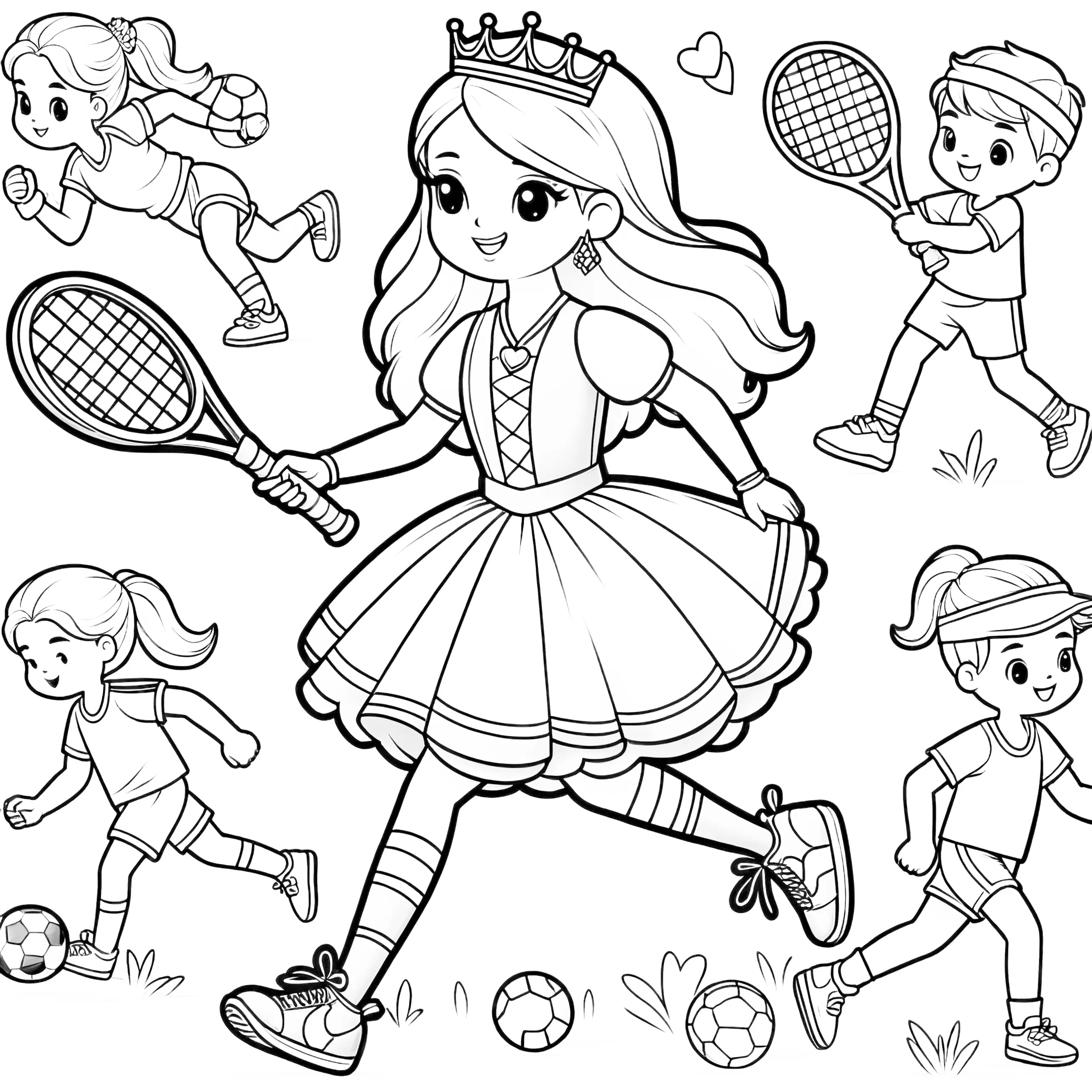 Prinzessin spielt Tennis mit Kindern: Ausmalbild zum Download (Gratis)