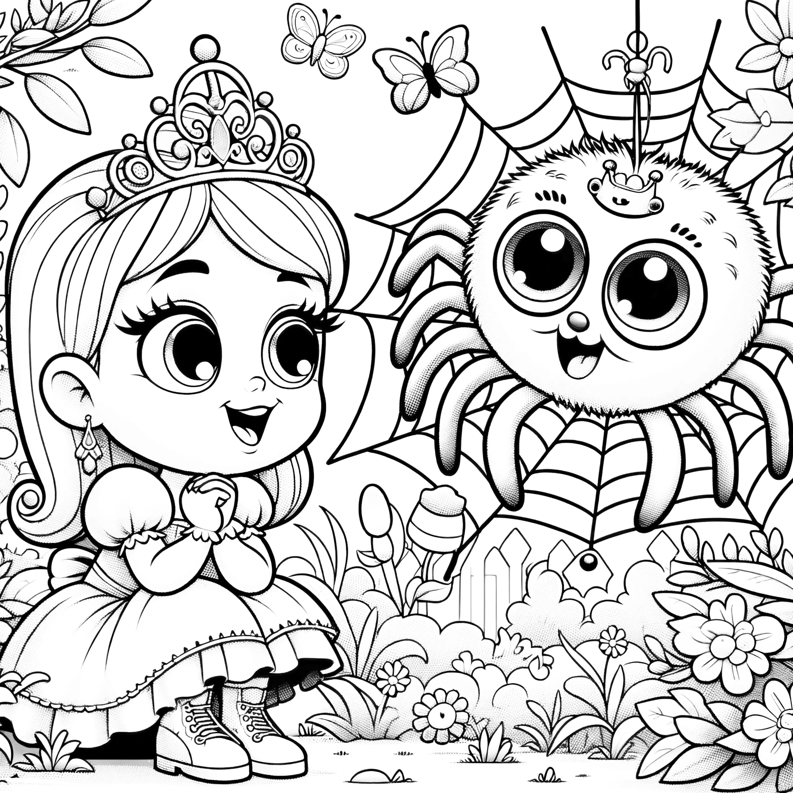 Prinzessin mit freundlicher Spinne im Zaubergarten (Kostenlos) (Ausmalbild)