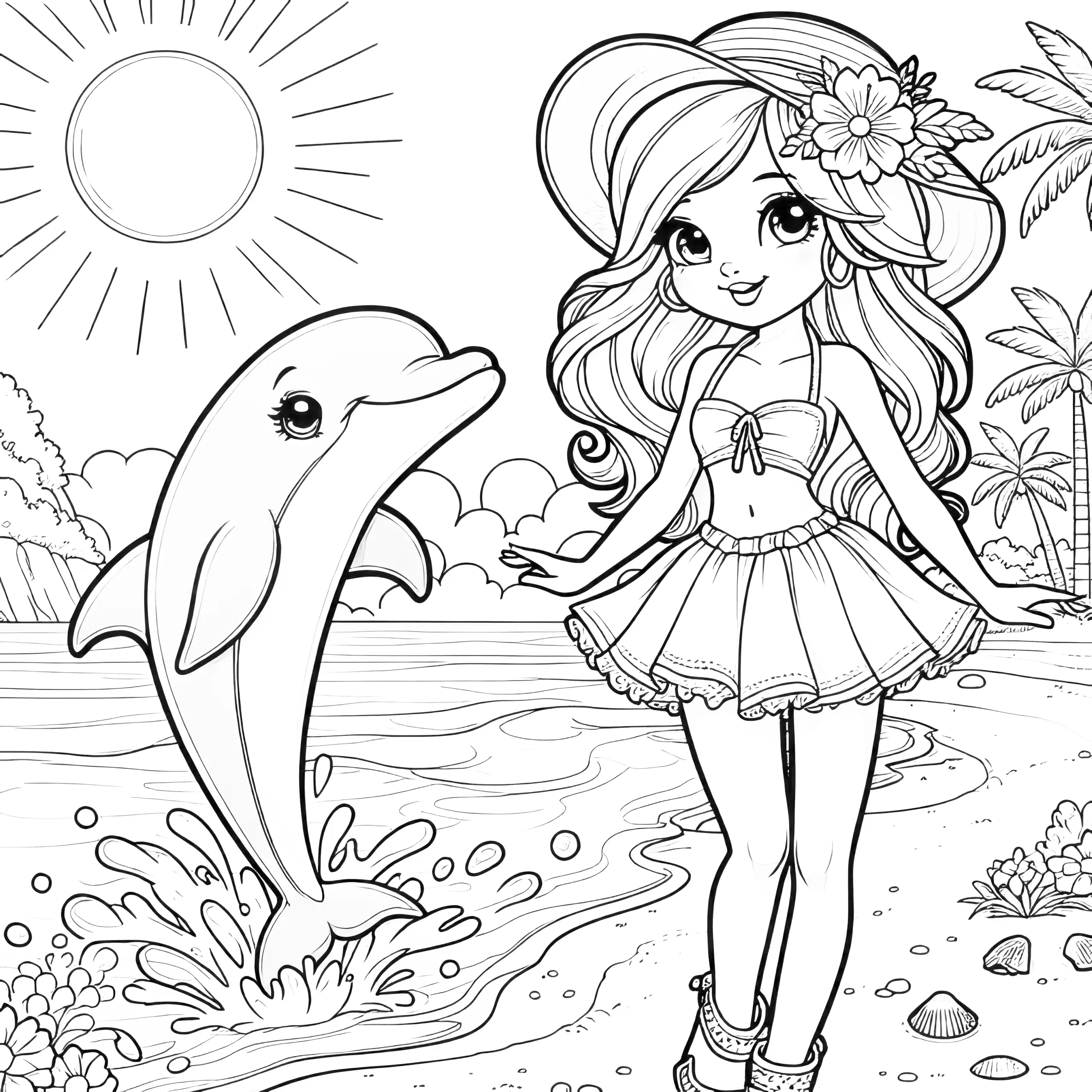 Prinzessin am Strand mit Delfin: Zauberhaftes Bild zum Ausmalen (Gratis) (Ausmalbild)
