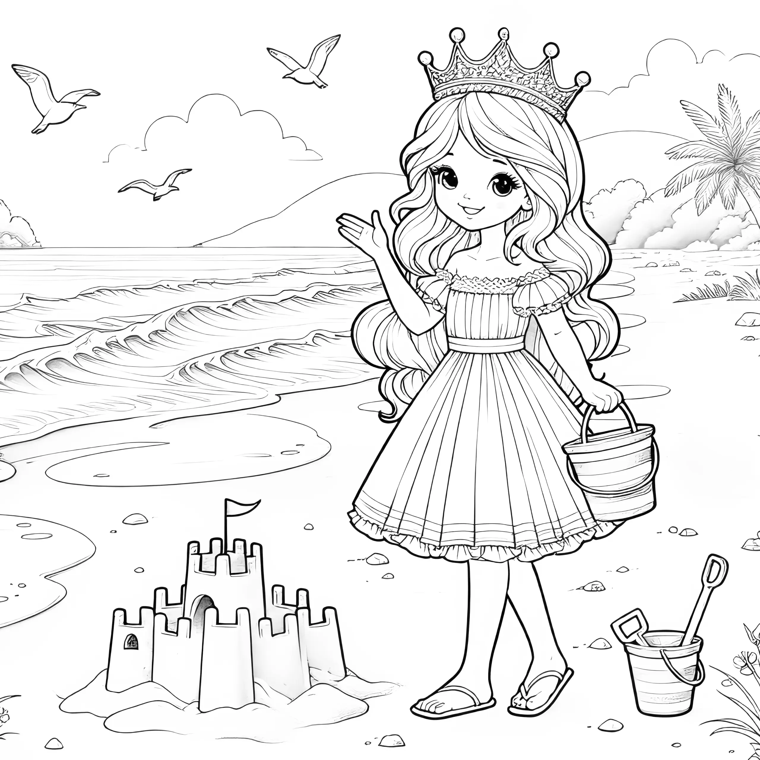 Prinzessin am Strand mit Sandburg: Malvorlage für den Urlaub (Gratis) (Ausmalbild)
