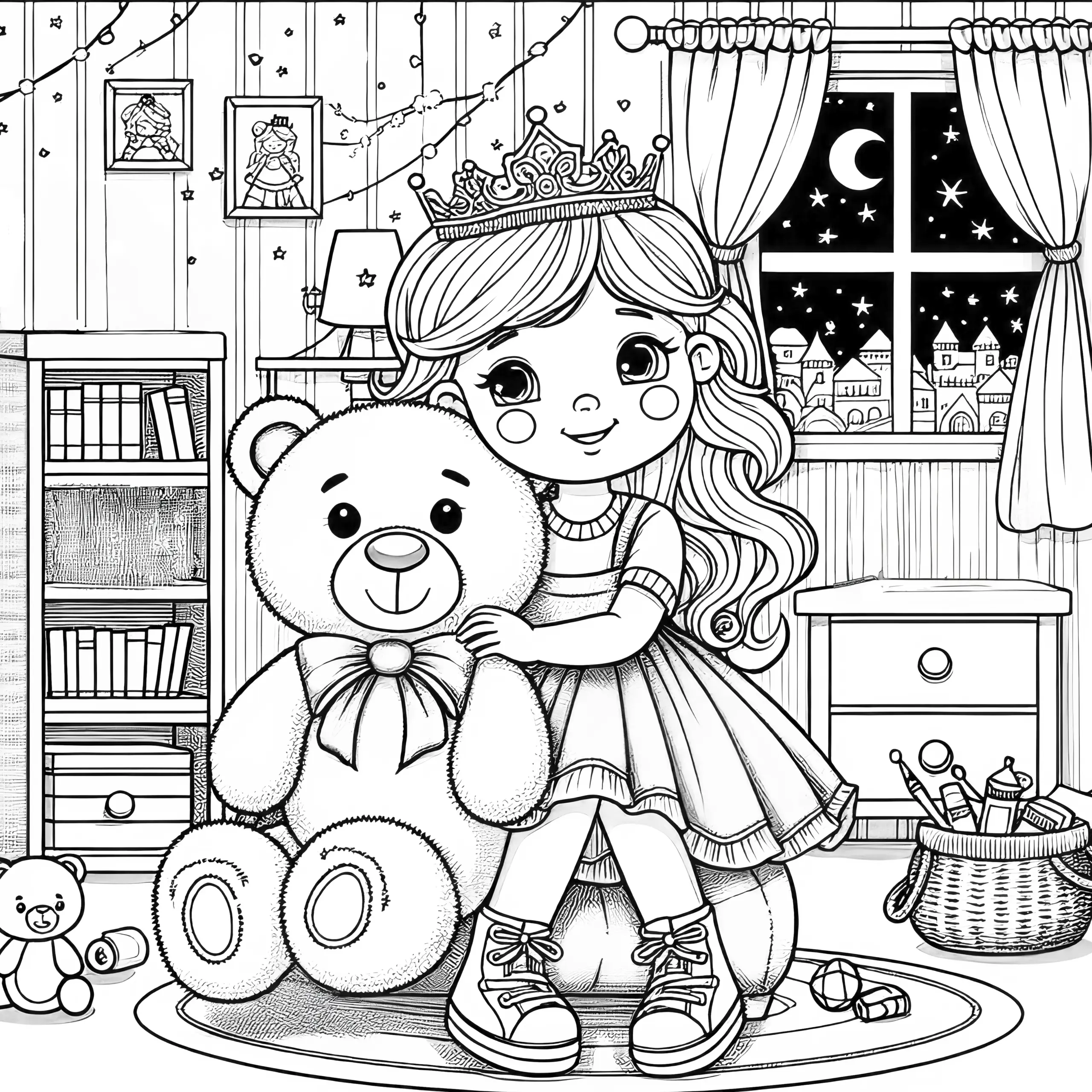 Prinzessin mit Teddybär im Spielzimmer: Ausmalbild kostenlos