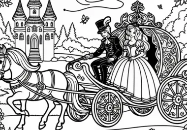 Prinzessin und Prinz fahren in Kutsche davon – Ausmalbild Froschkönig gratis