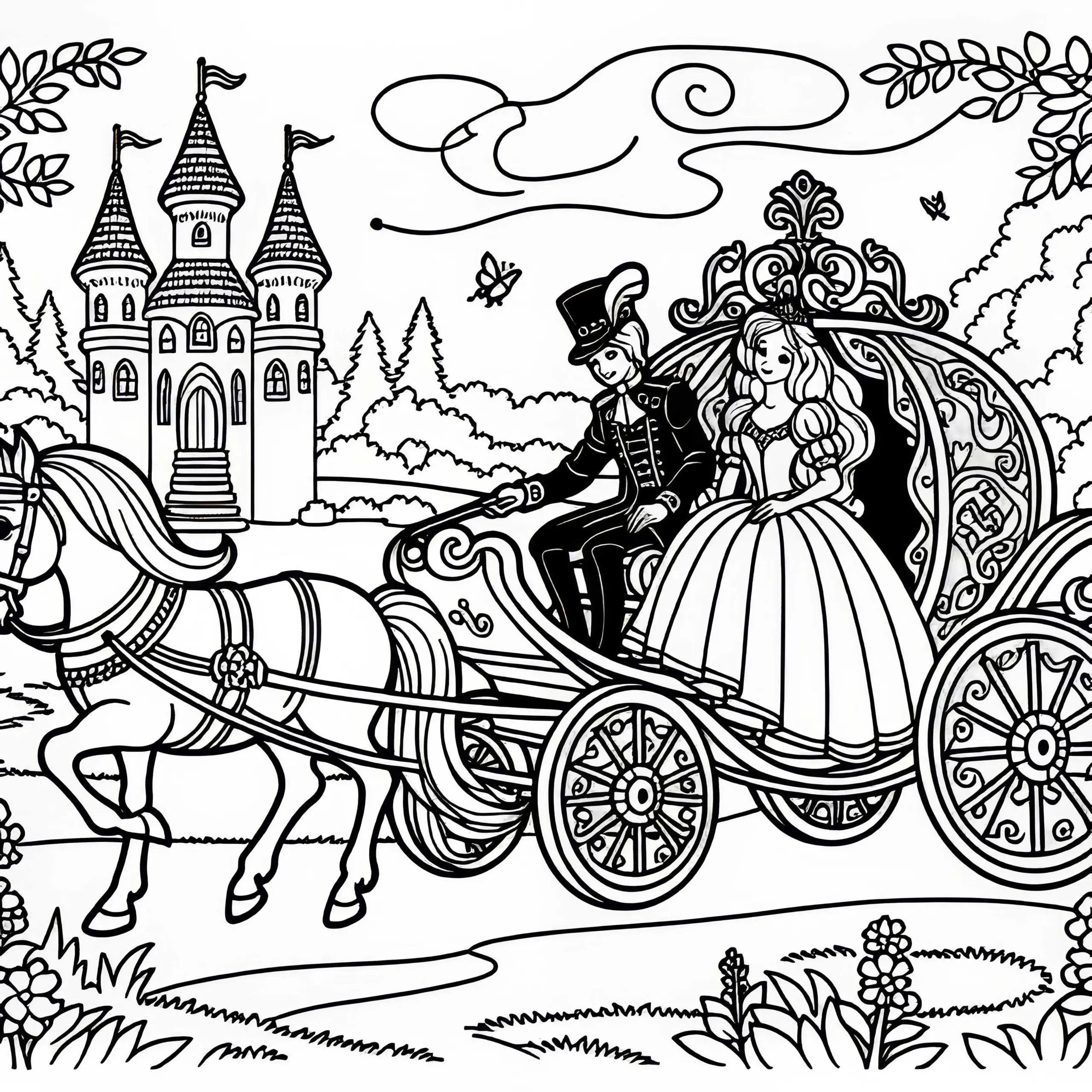 Prinzessin und Prinz fahren in Kutsche davon – Ausmalbild Froschkönig gratis