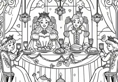Prinzessin und Prinz feiern Hochzeit mit Fest – Ausmalbild Prinzessin auf der Erbse
