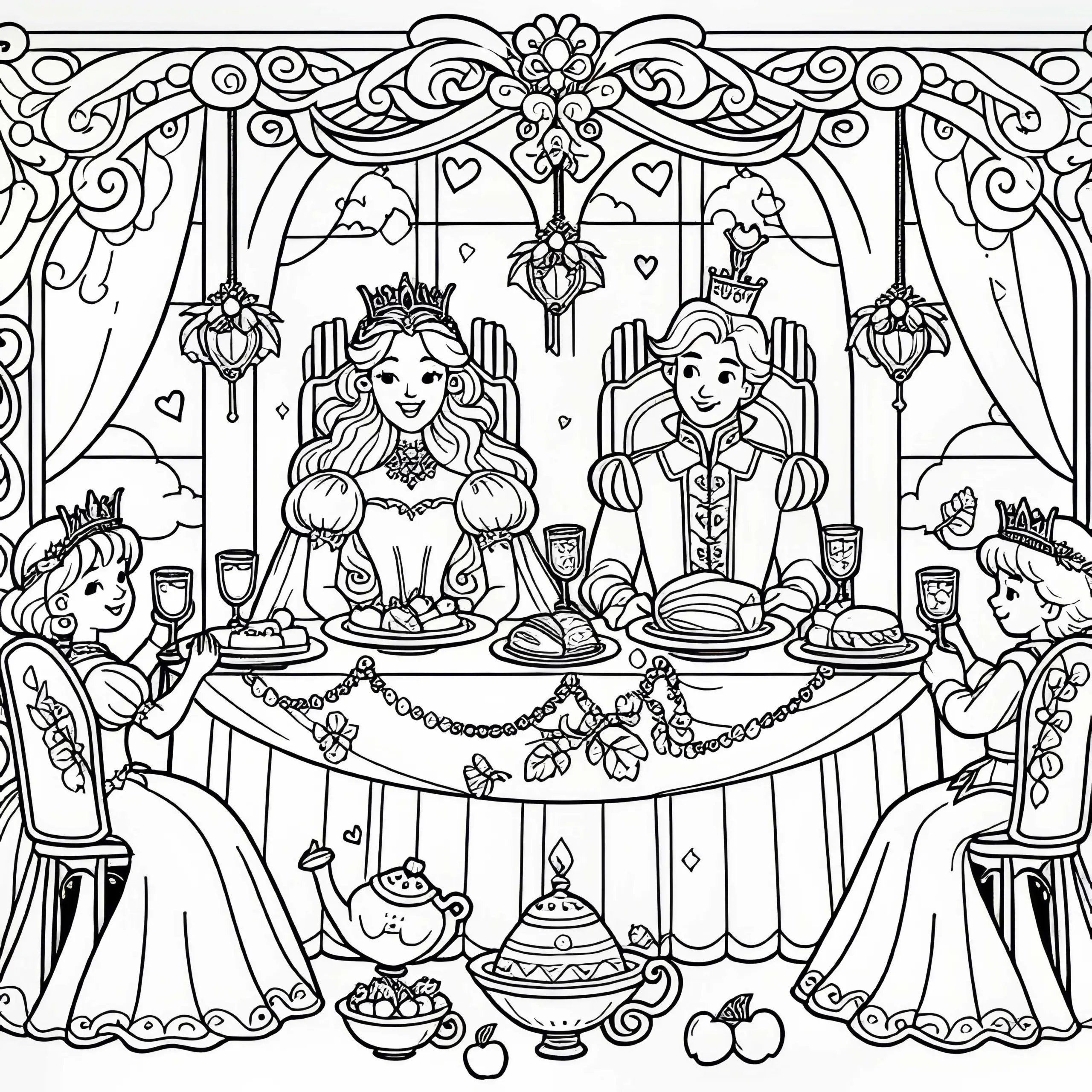 Prinzessin und Prinz feiern Hochzeit mit Fest – Ausmalbild Prinzessin auf der Erbse