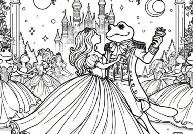 Prinzessin und Prinz Tanzen auf Ball – Malvorlage Froschkönig Kostenlos