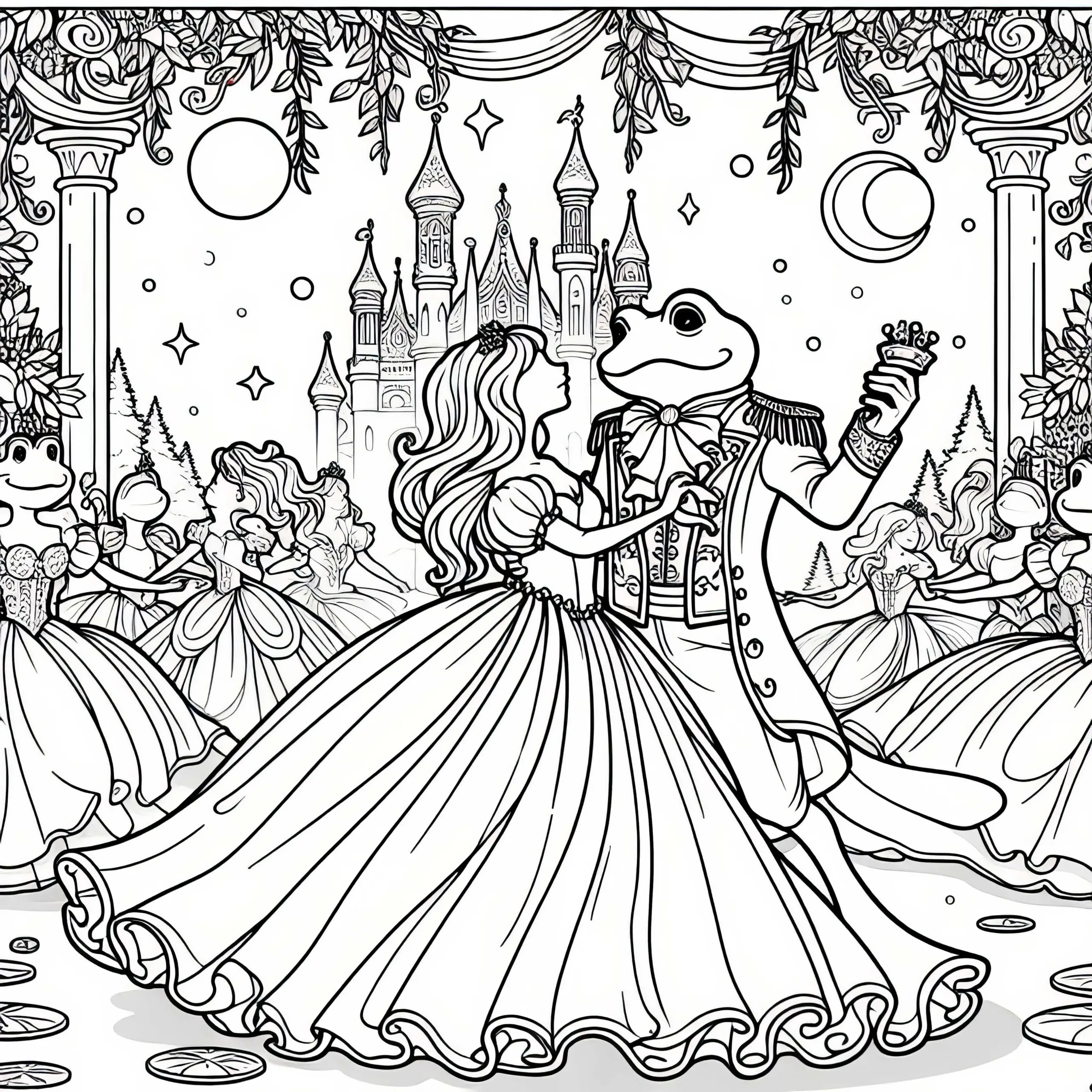Prinzessin und Prinz Tanzen auf Ball – Malvorlage Froschkönig Kostenlos (Ausmalbild)