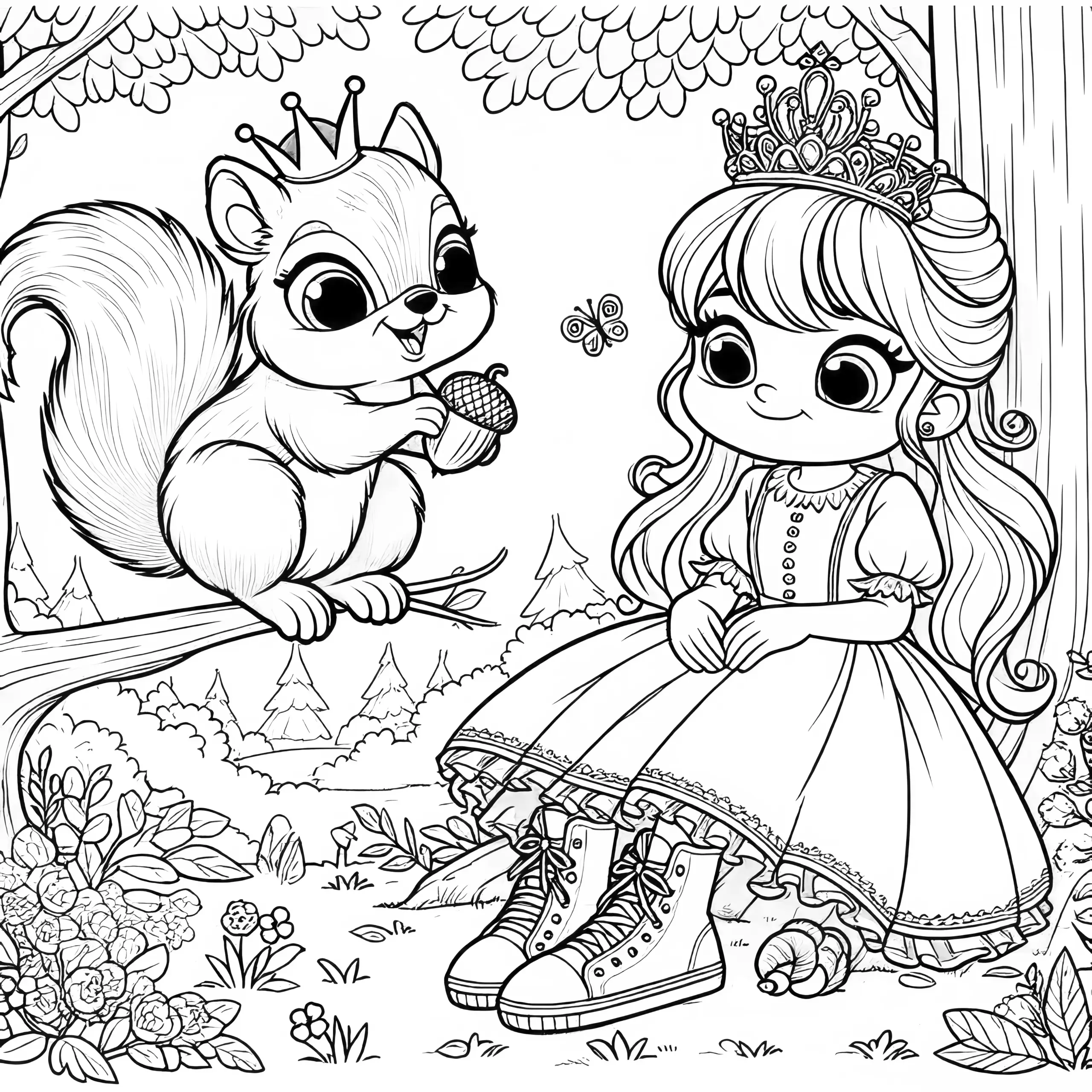 Süße Prinzessin mit Eichhörnchen im Wald: Ausmalbild zum Download (Kostenlos)