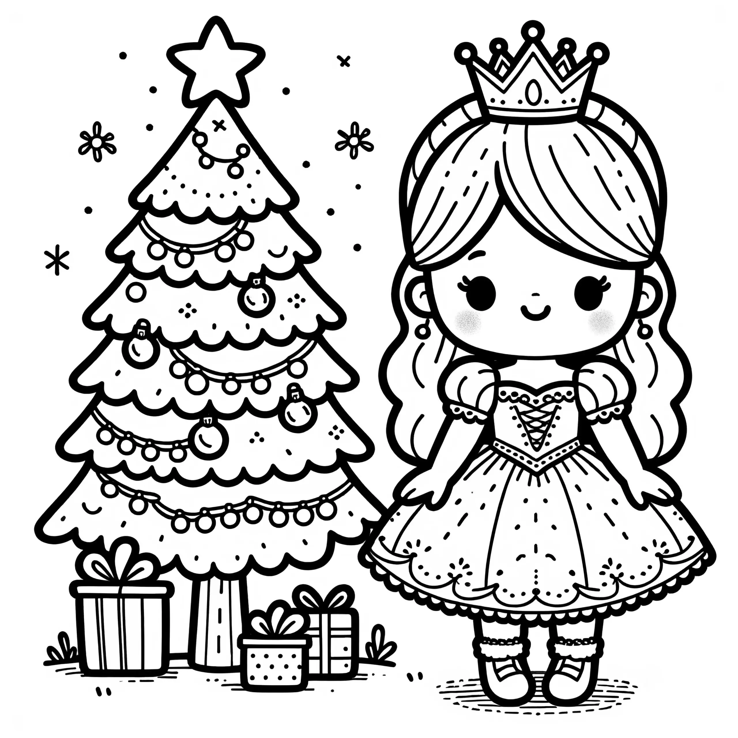 Prinzessin mit Weihnachtsbaum und Geschenken: Einfaches Ausmalbild (kostenlos)