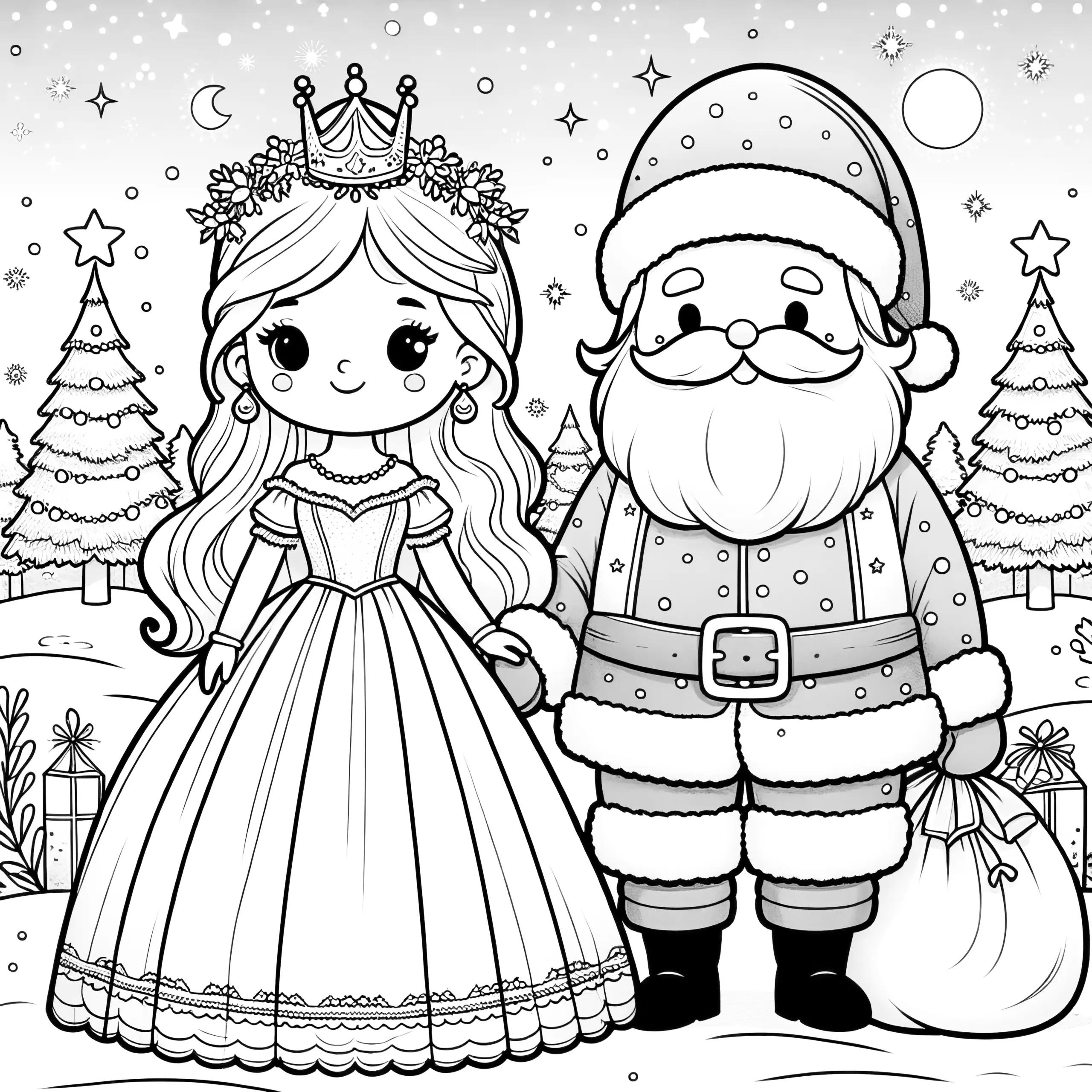 Prinzessin mit Weihnachtsmann in Winterlandschaft als Ausmalbild (Kostenlos)