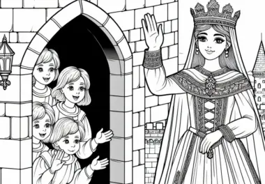 Prinzessin winkt Kindern zu Ausmalbild Mittelalter gratis