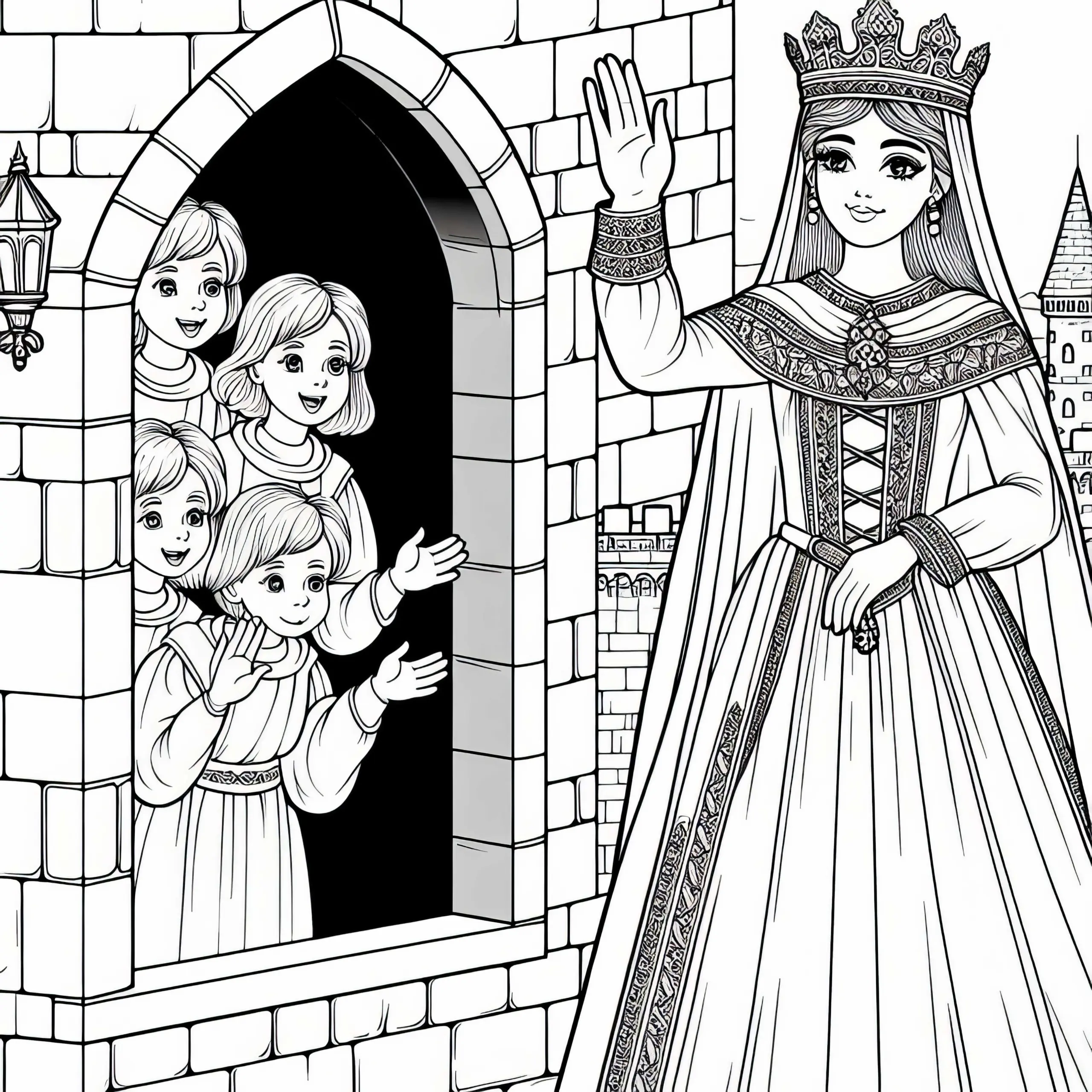 Prinzessin winkt Kindern zu Ausmalbild Mittelalter gratis