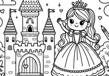 Prinzessin winkt neben Märchenschloss – Malvorlage für Mädchen ab drei kostenlos