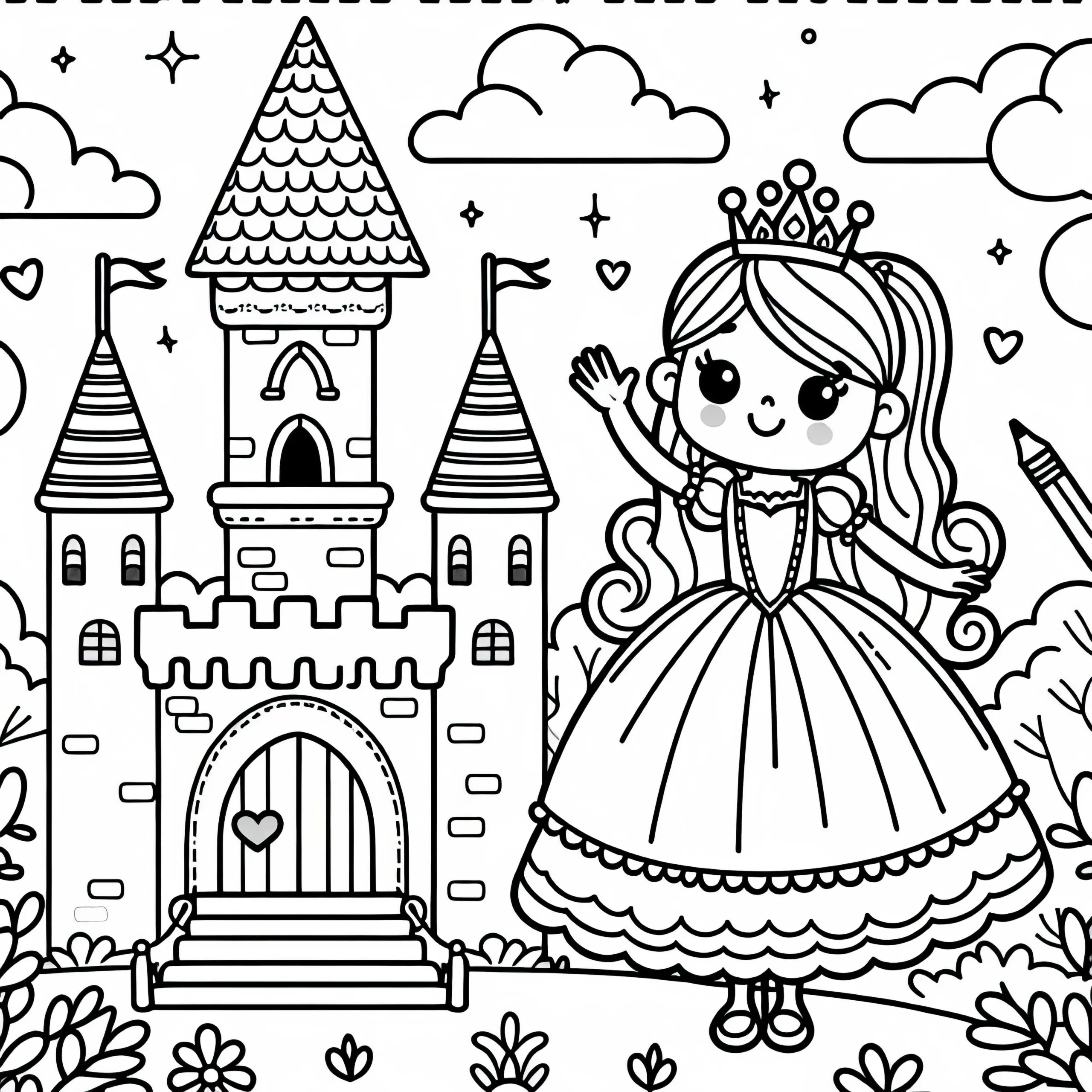 Prinzessin winkt neben Märchenschloss – Malvorlage für Mädchen ab drei kostenlos (Ausmalbild)