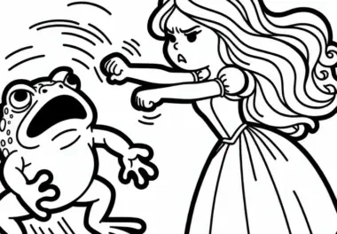Prinzessin wirft wütend Frosch gegen Wand – Malvorlage Froschkönig gratis