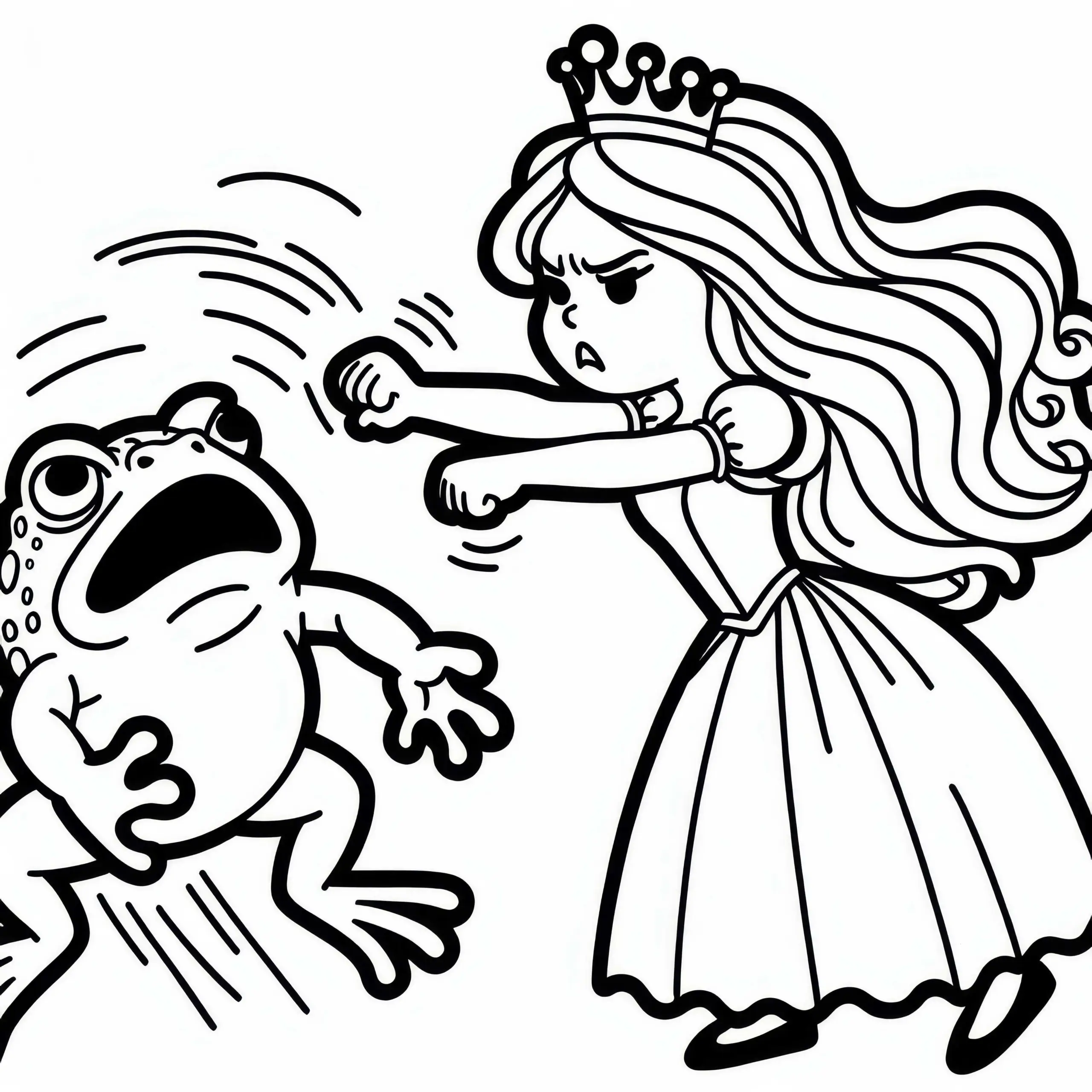 Prinzessin wirft wütend Frosch gegen Wand – Malvorlage Froschkönig gratis (Ausmalbild)