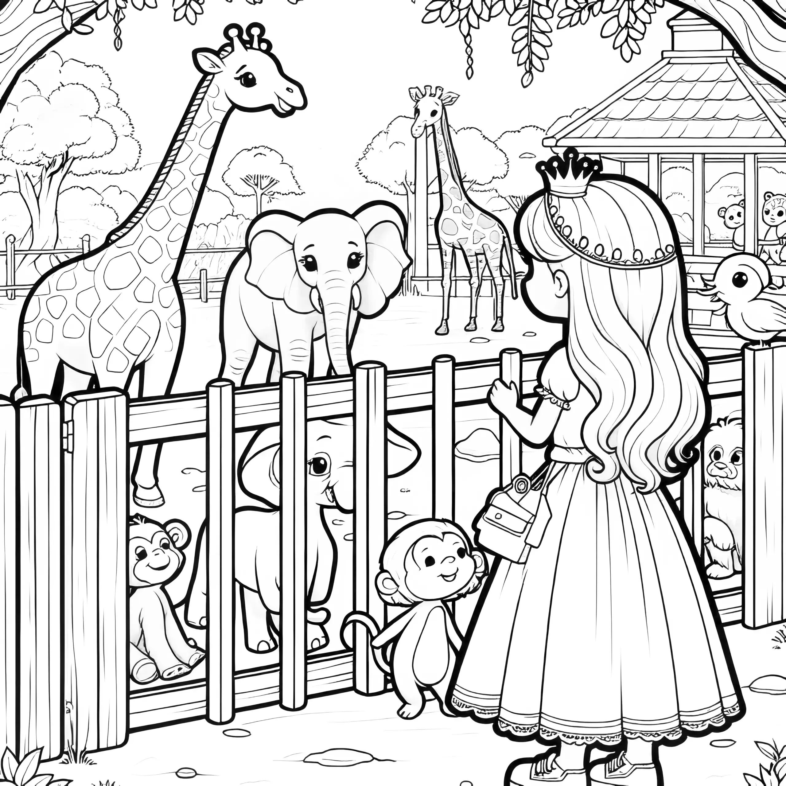 Prinzessin im Zoo: Giraffen, Elefanten und Affen als Ausmalbild (Gratis)